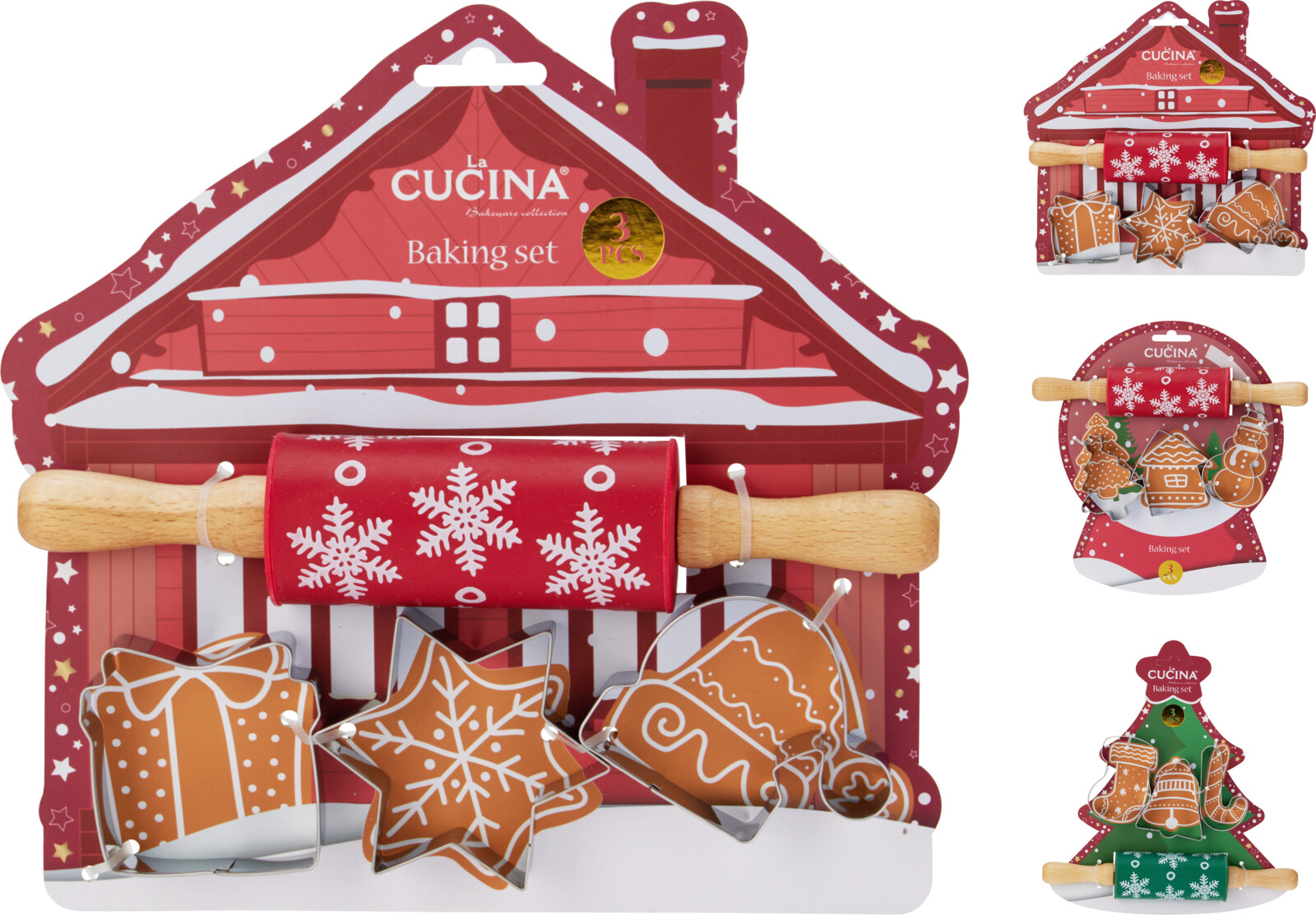 Bakset Kerst 4-delig - Deegrol met 3 Uitsteekvormen - assorti - prijs per set