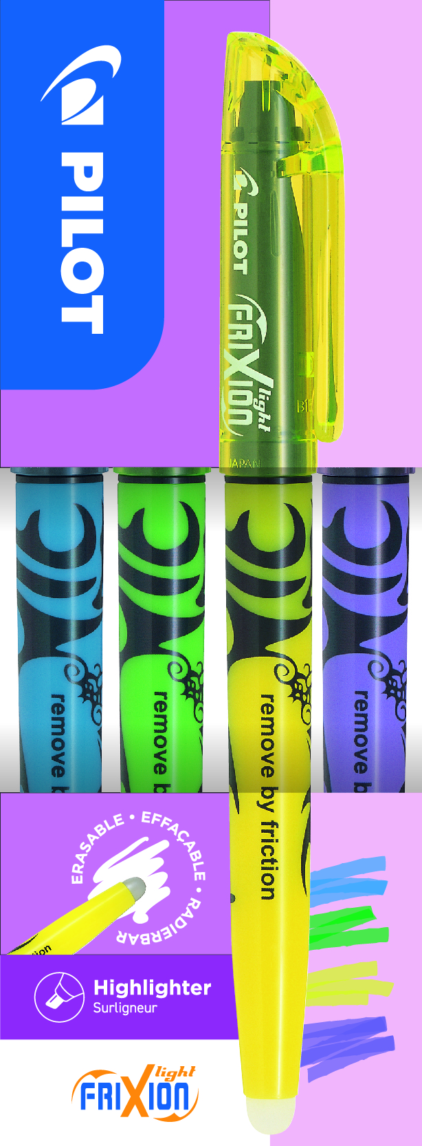 Pilot Frixion Light Set 4 Kleuren Blauw-Groen-Geel-Violet Uitwisbaar