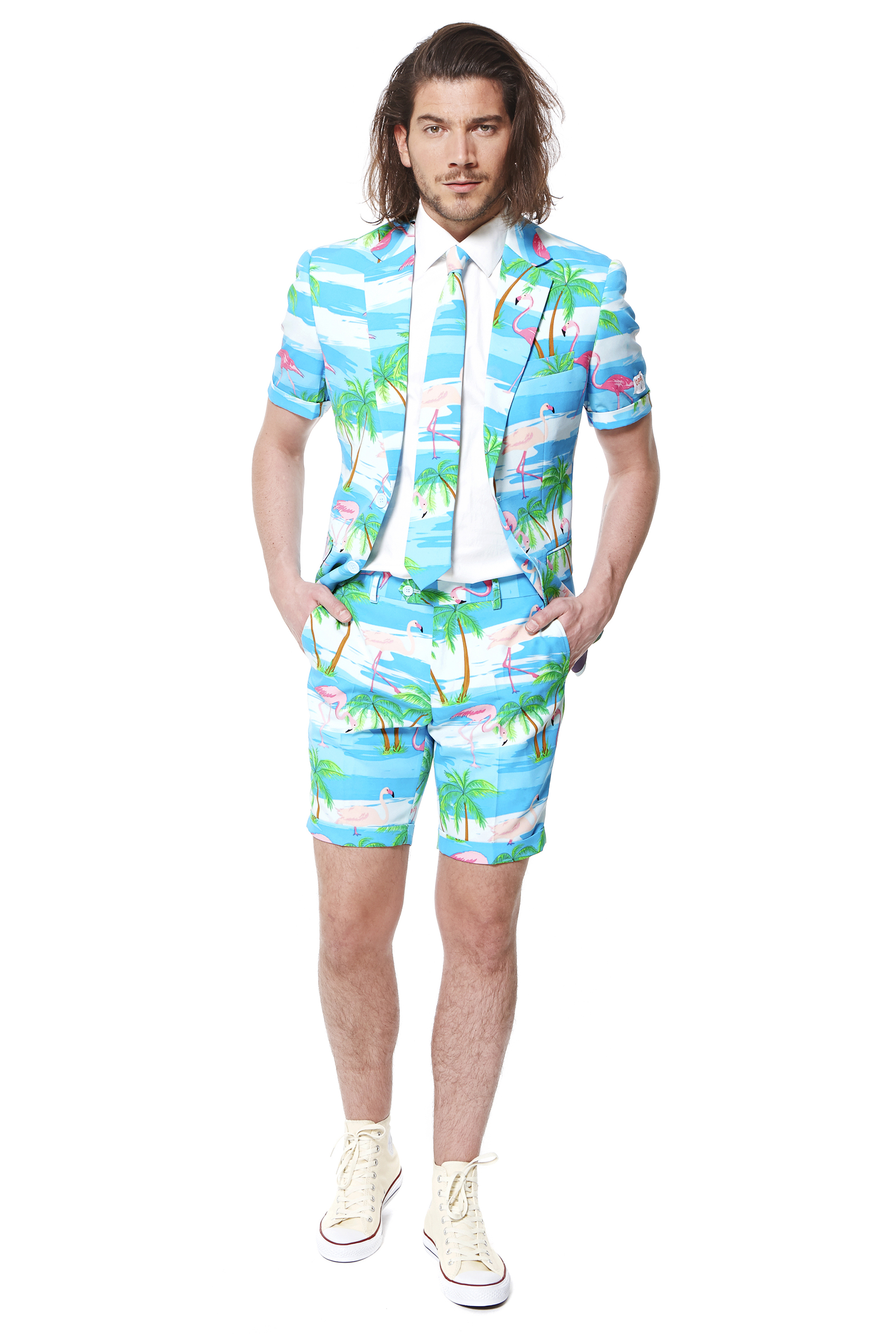 OppoSuits Verkleedpak Men's Summer Flaminguy Maat 46 - Short +Vest Korte Mouw + Das