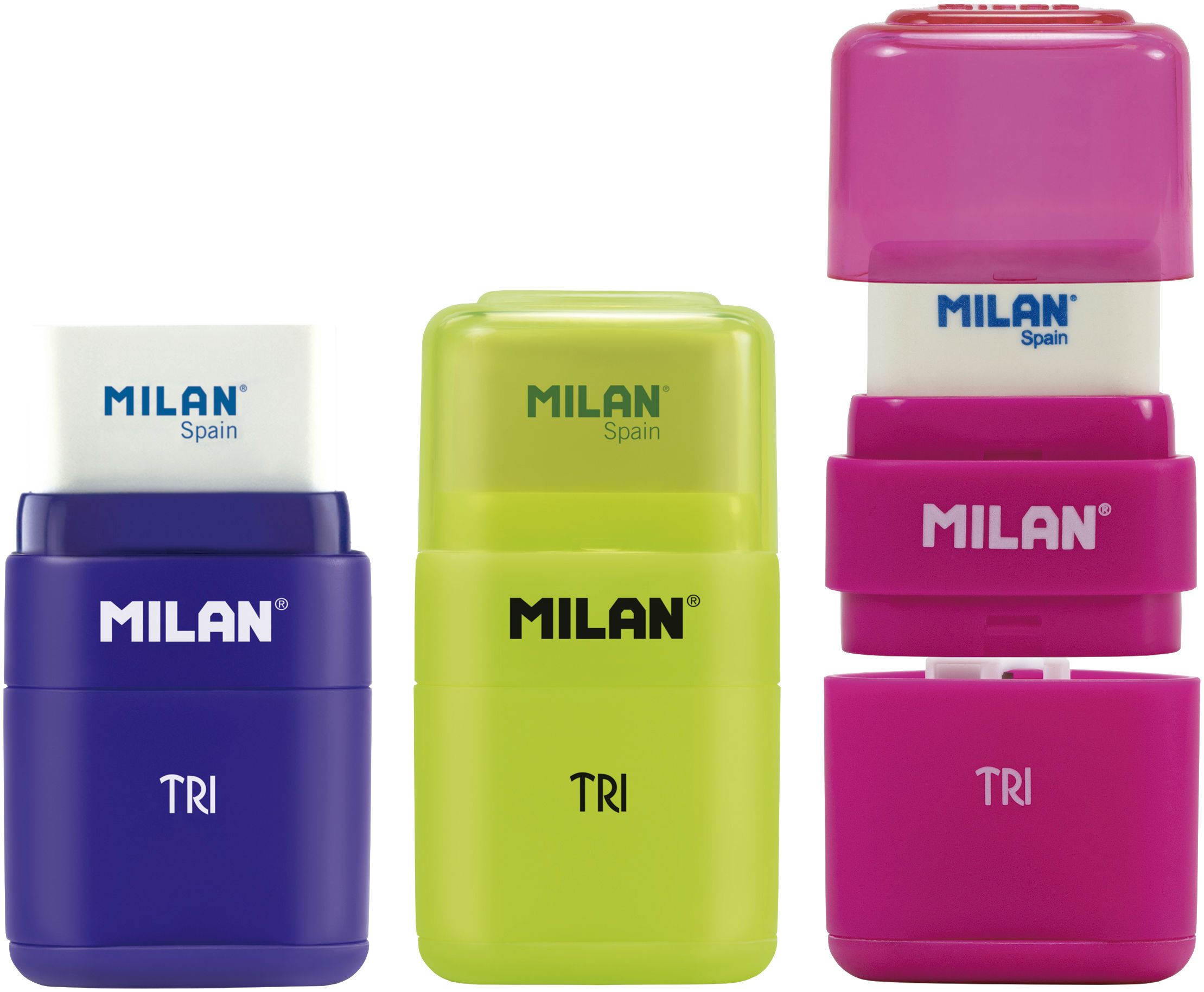 Milan Potloodslijper Acid Tri met Gom - assorti - Prijs per Stuk
