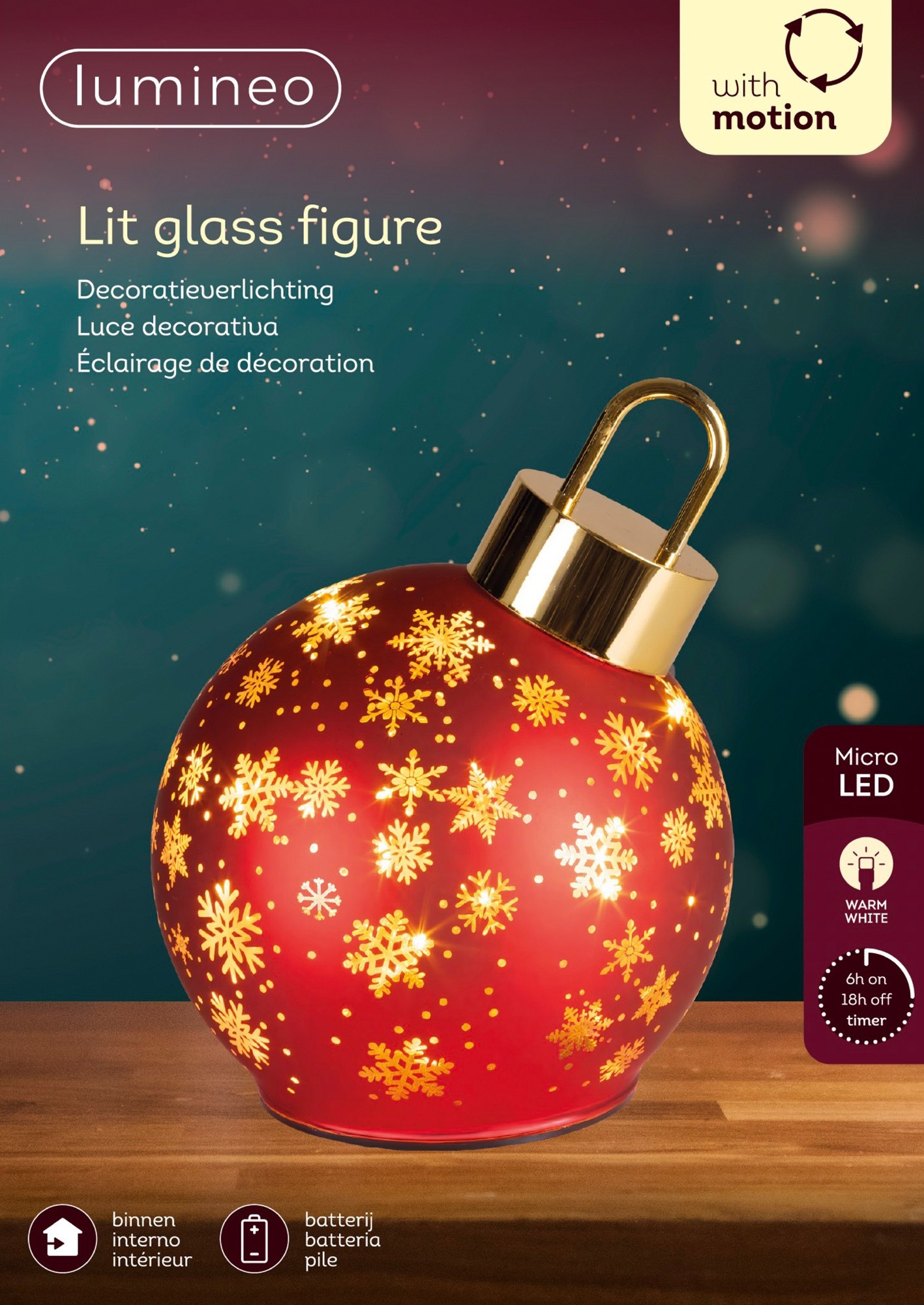 Deco Kerstbal Micro LED Kerstrood 14x18 cm - Glas - 15 leds - Warm White - IP20 - op Batterijen