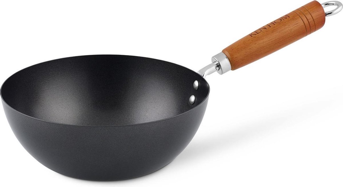 Ken Hom Wokpan Classic 20cm Zwart met Houten Greep-Koolstofstaal-Antikleef