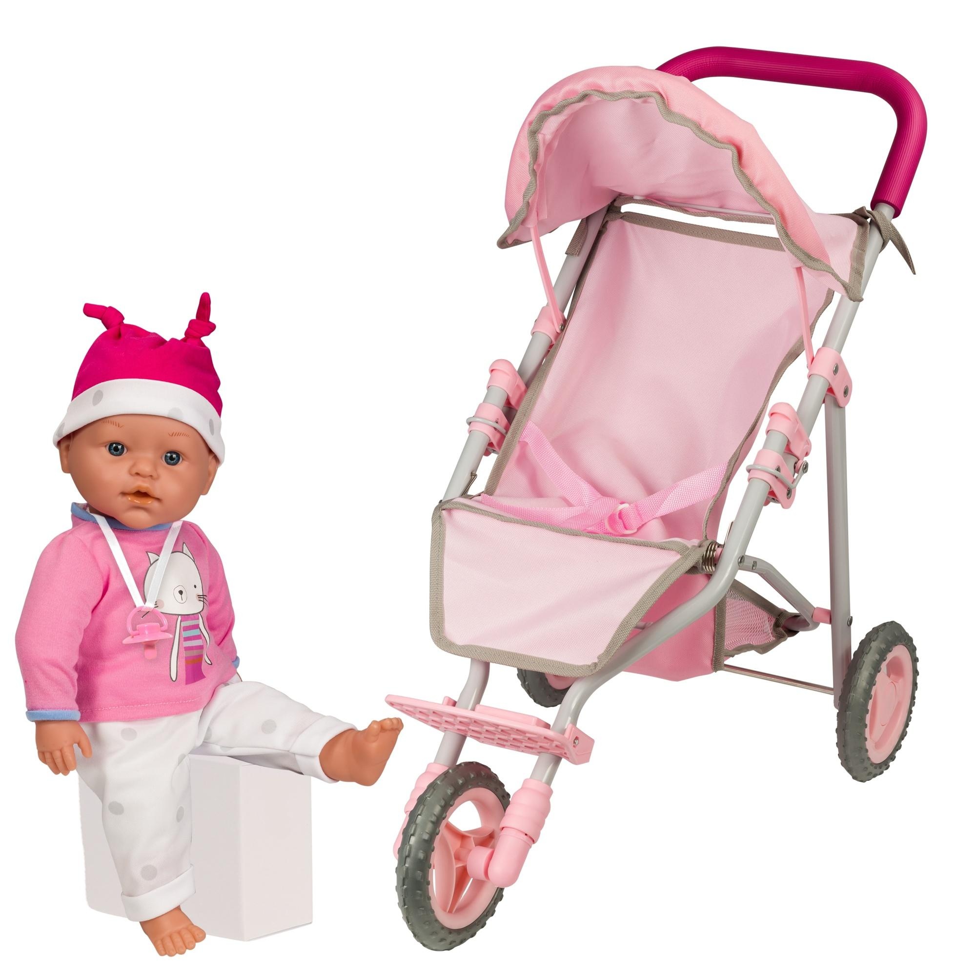 3 Wielbuggy metaal met pop van 38 cm, Loper poppenwagen