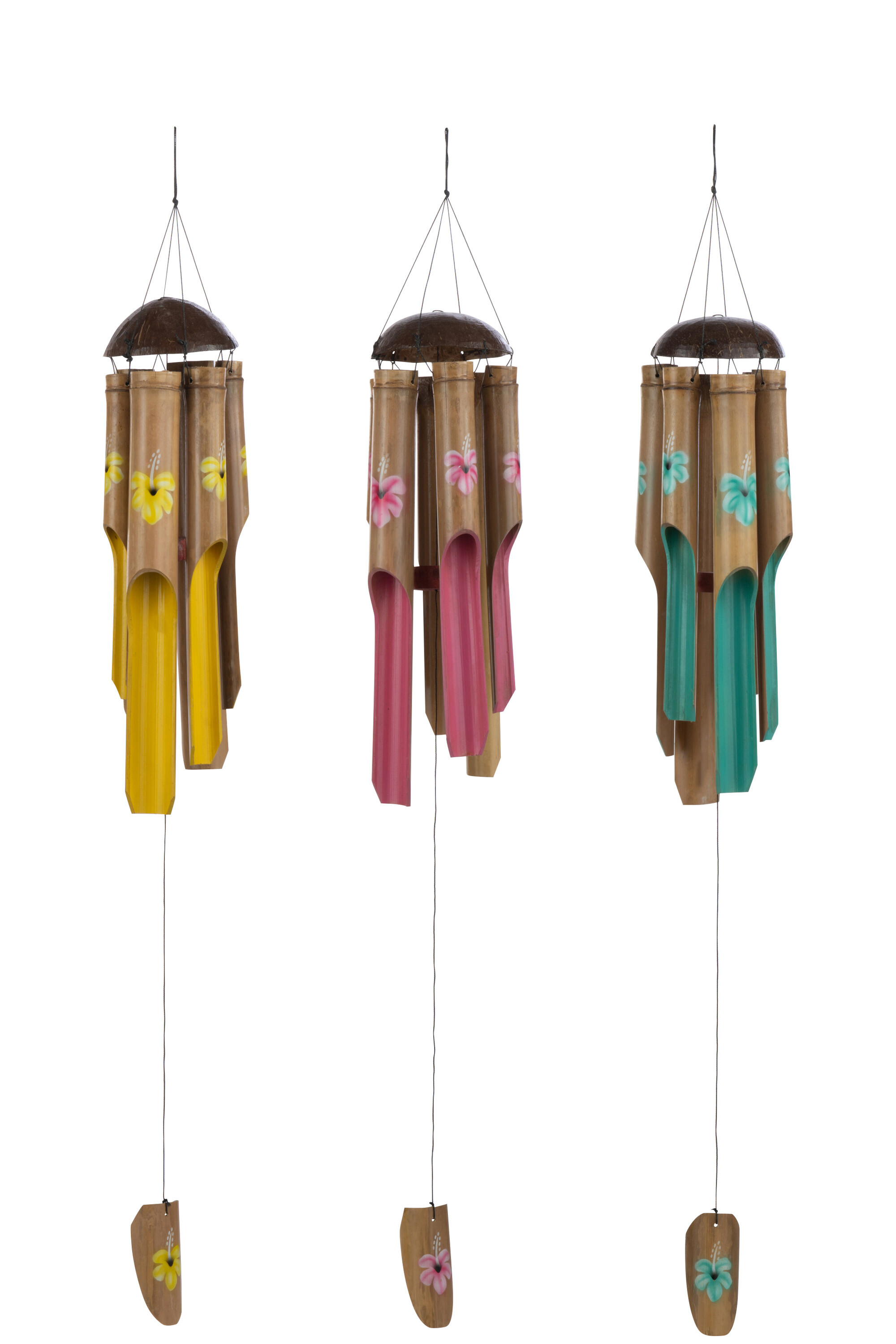 J-Line Windgong met Bloem 14x40 cm Geel/Roze/Turquoise - Bamboe - assorti - prijs per stuk