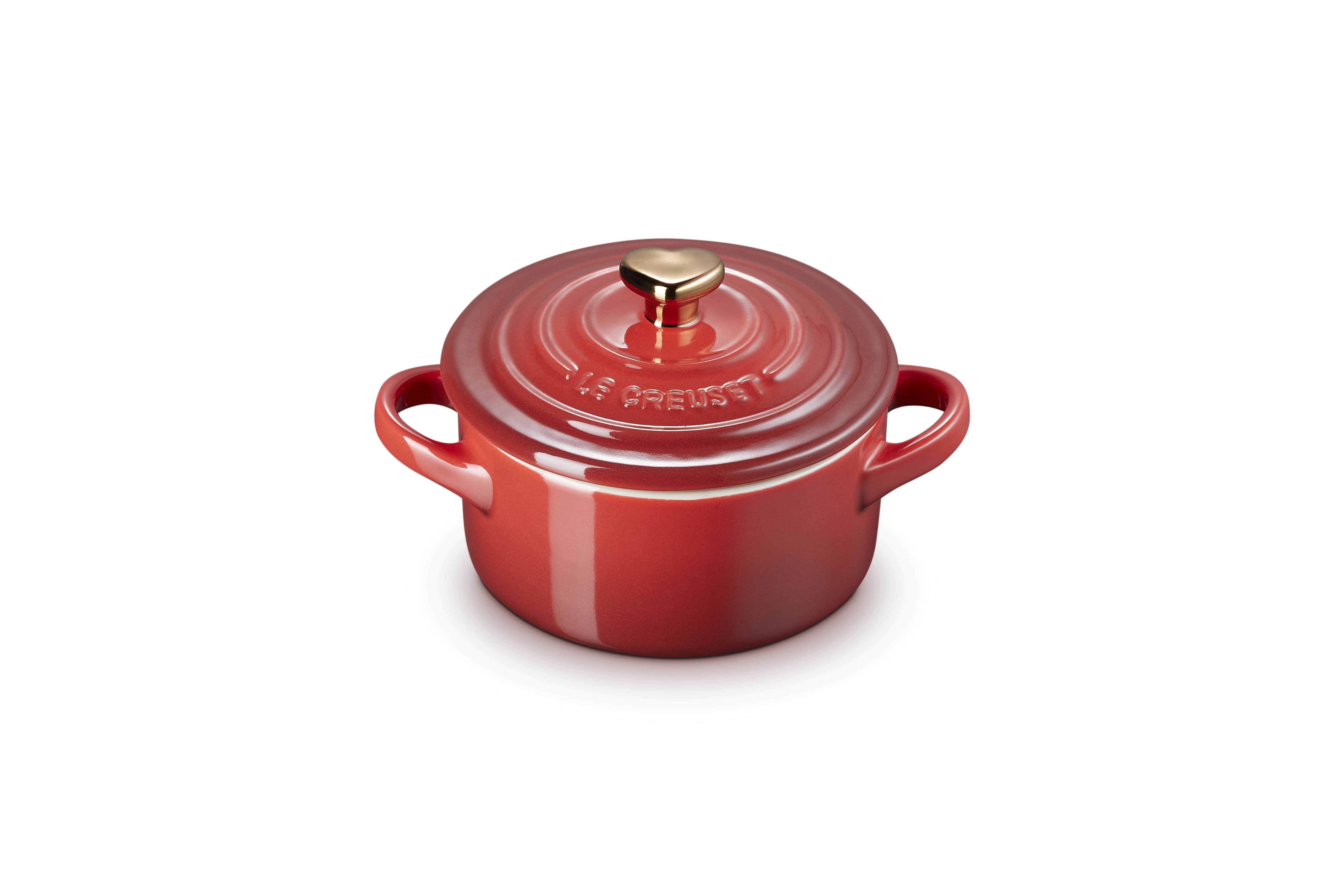Le Creuset Mini Braad-/Stoofpan Kersenrood 250ml - Aardewerk - 10cm - met Hart Knop
