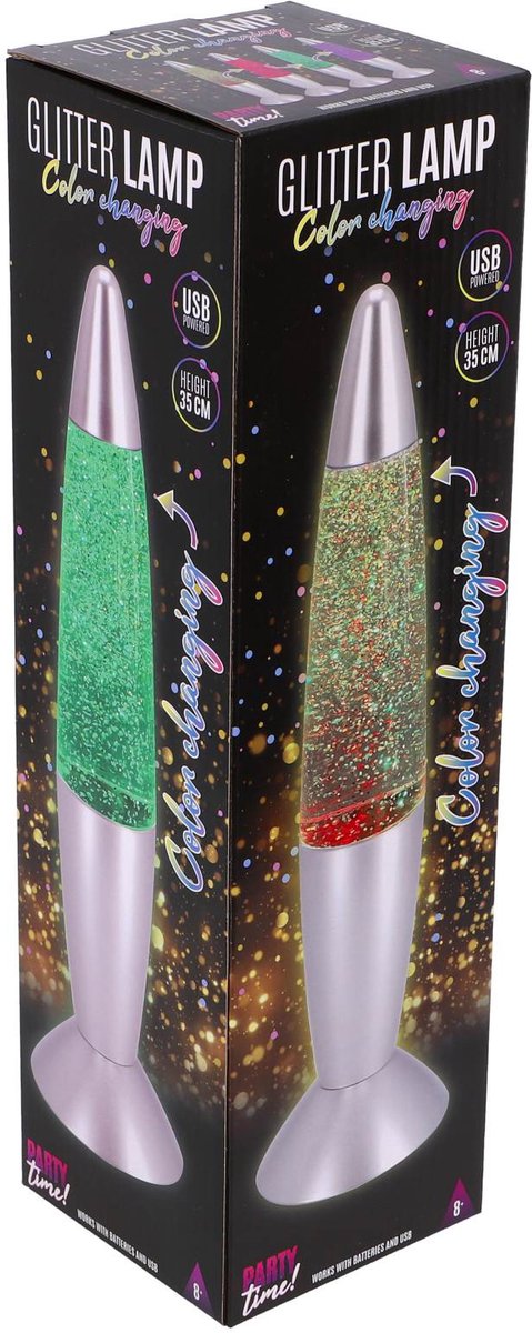 Regenboog Glitterlamp 36 cm, op batterijen + USB