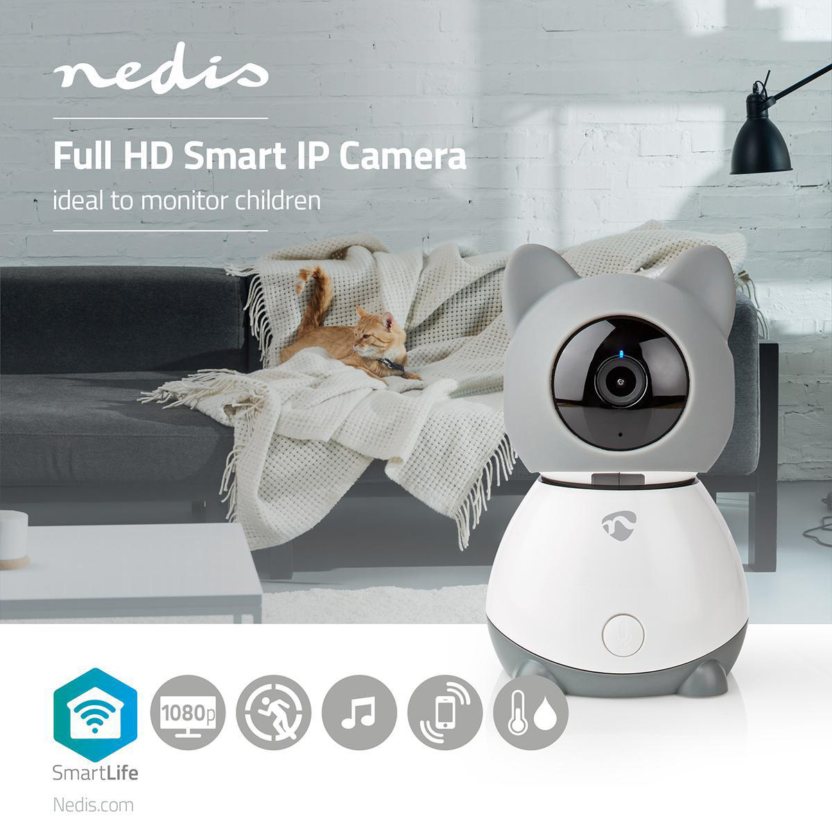 Nedis smart IP-camera Video-Babyfoon 1080p Kiep en kantel met slaapliedjes
