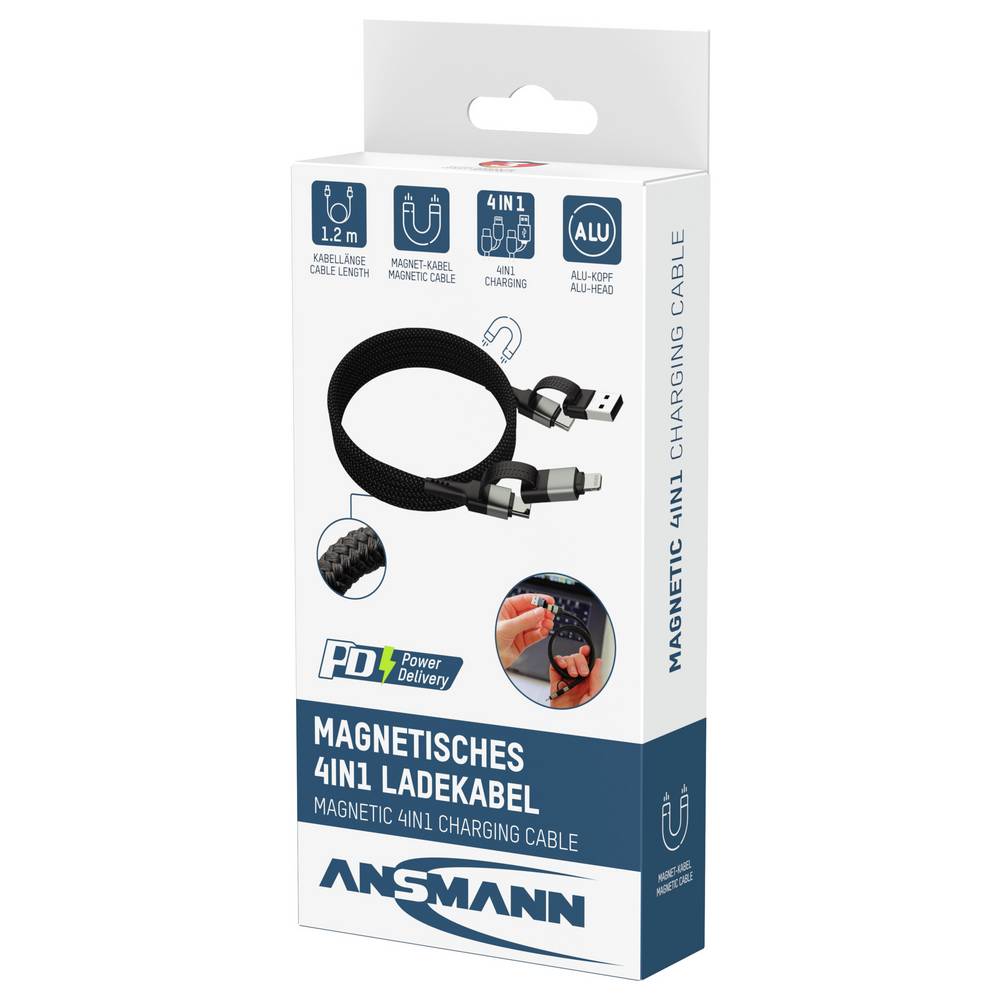 Ansmann Magnetische Oplaadkabel 120 cm USB-A en USB-C naar USB-C of Lightning