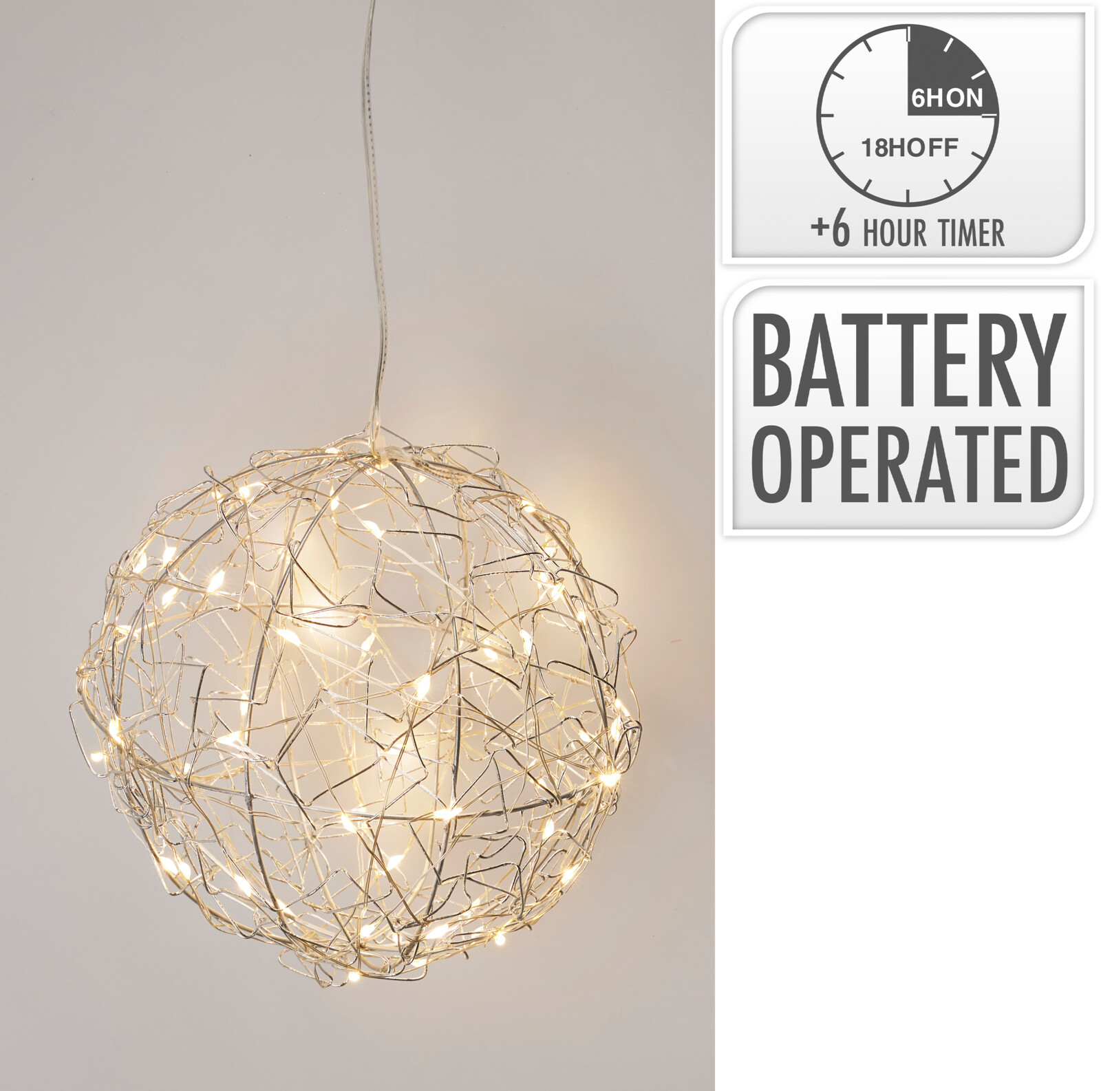 Bal LED Zilver 15cm - Metaal - 60 led - Warm Wit - met Batterijen (excl.)