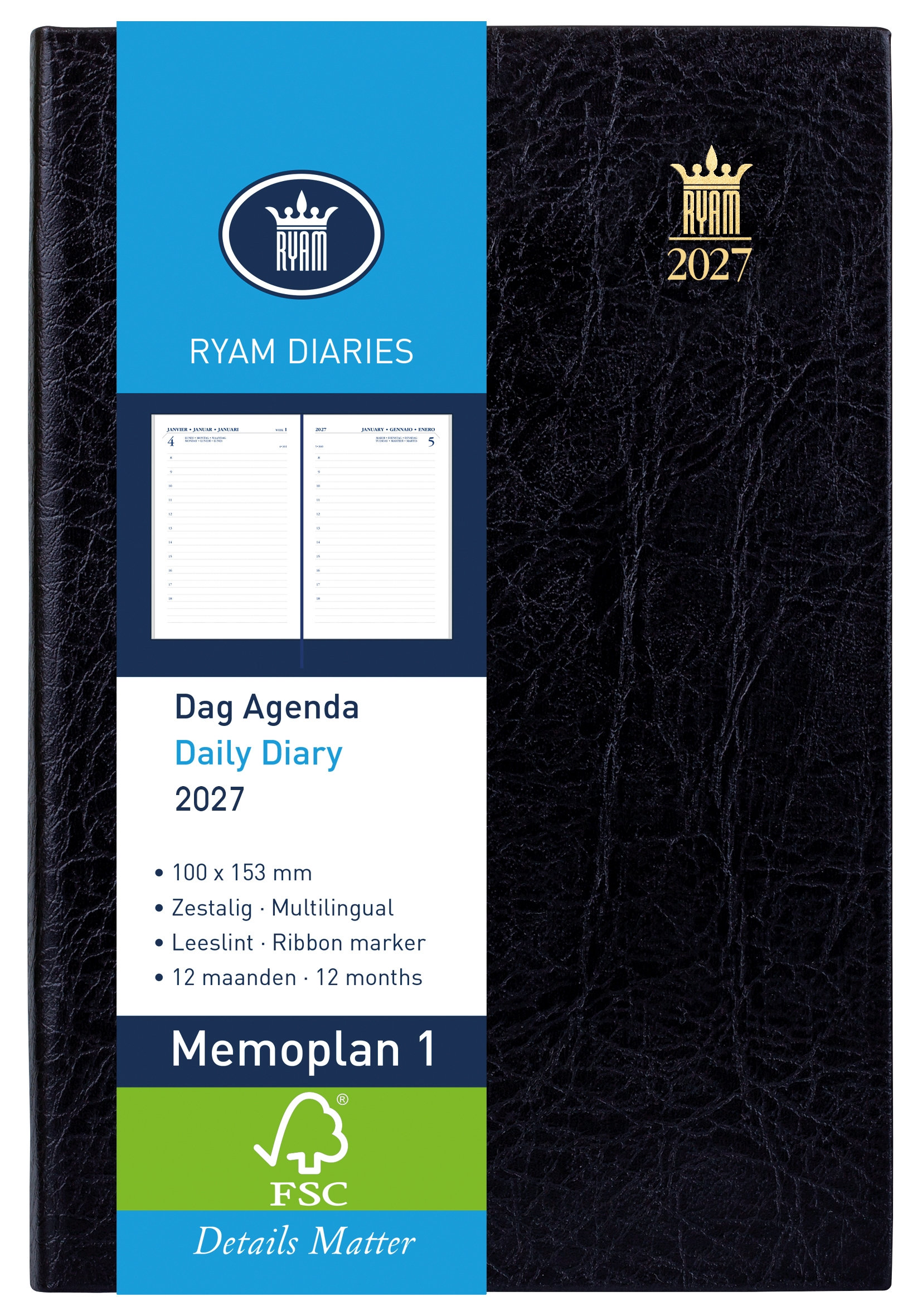 Ryam Agenda 2027 Memoplan 1 Mundior Wit 1dag/pag Zwart 10x15 cm