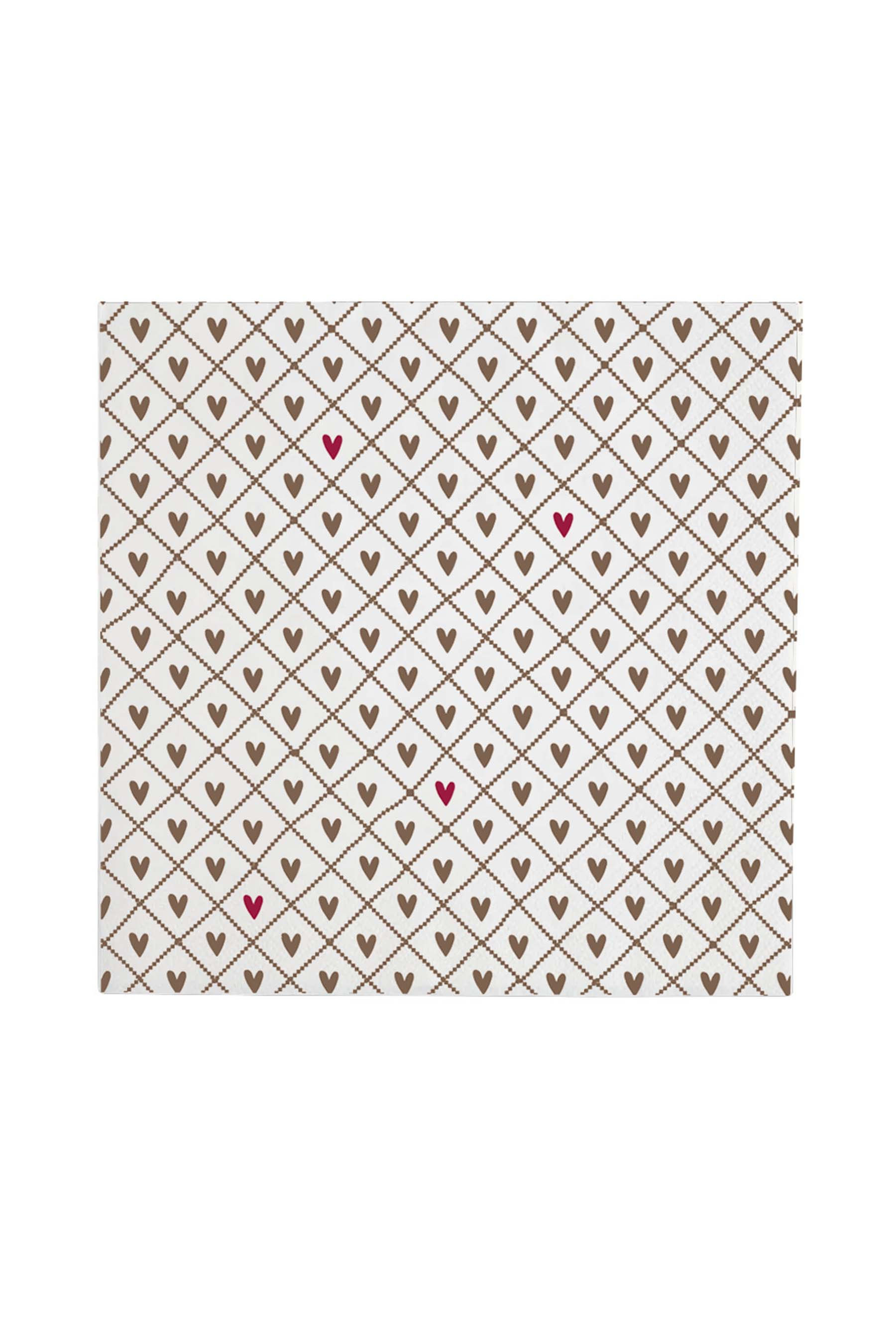 Zusss Servetten Vierkant Hartjes Wit-Port-Bruin 12.5x12.5 cm - 20 stuks