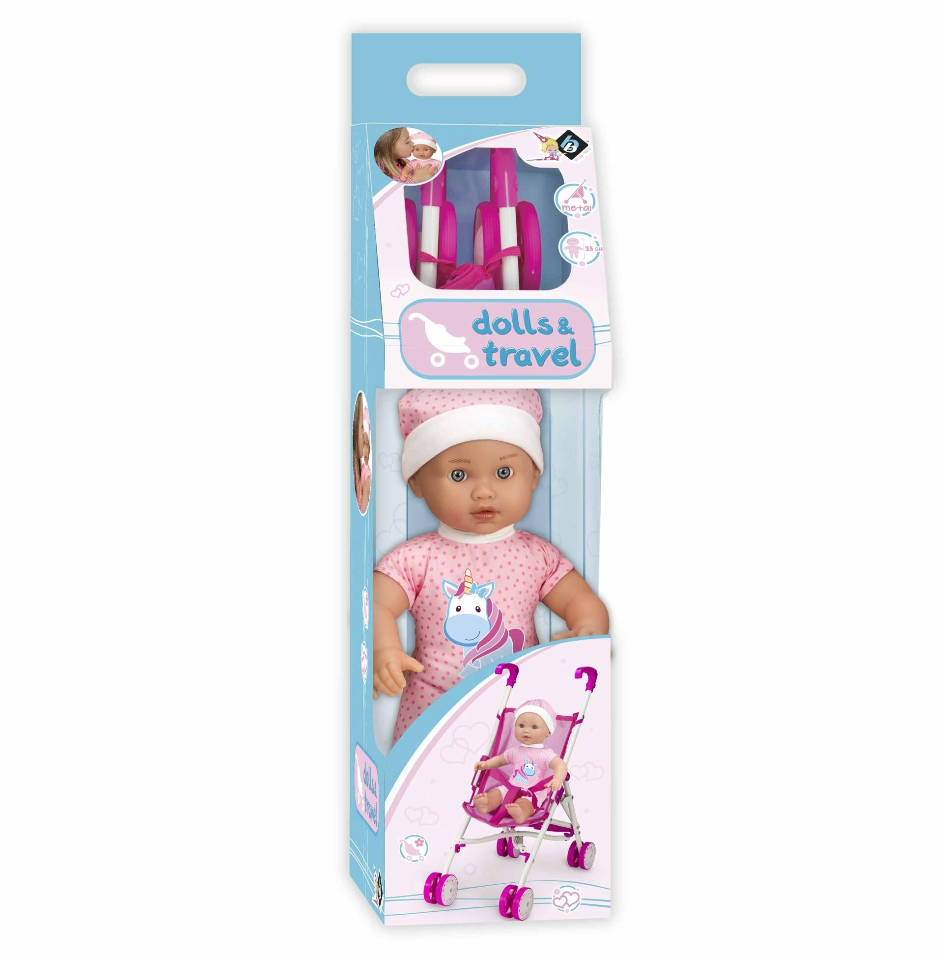Plooibuggy metaal met pop van 35 cm, paraplubuggy