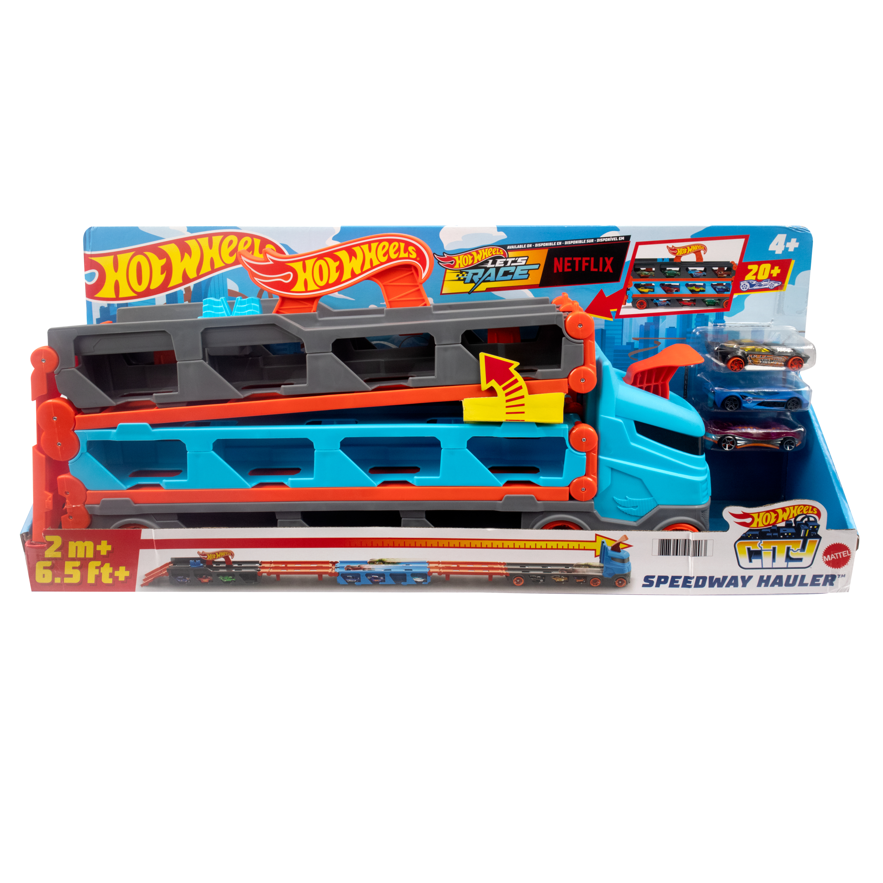 Hot Wheels Speedway transportwagen, vouwt open tot 2 meter track + 3 auto's