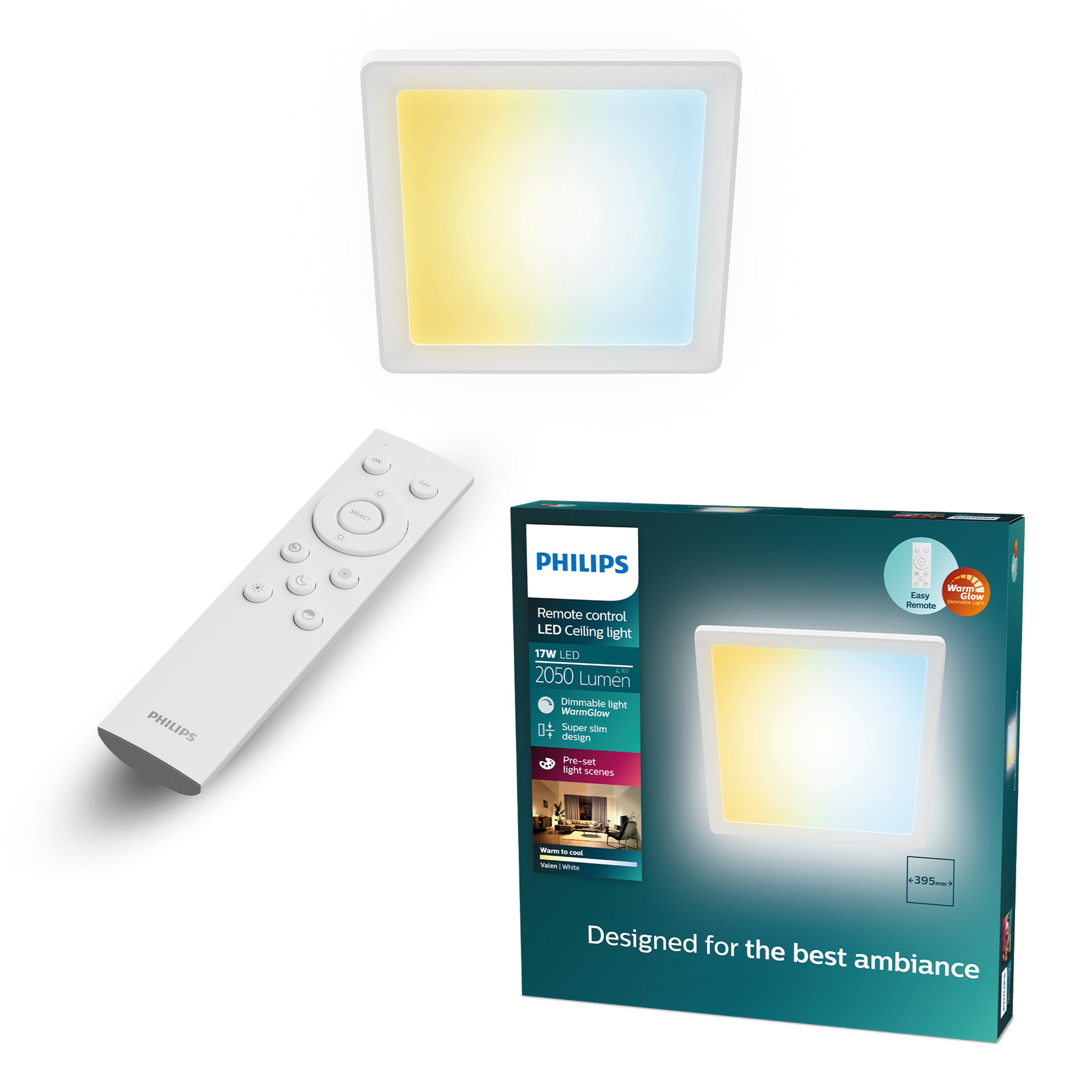 Philips Valen Plafondlamp Vierkant Wit 39.5 cm 17W 2050lm 2200-6500K