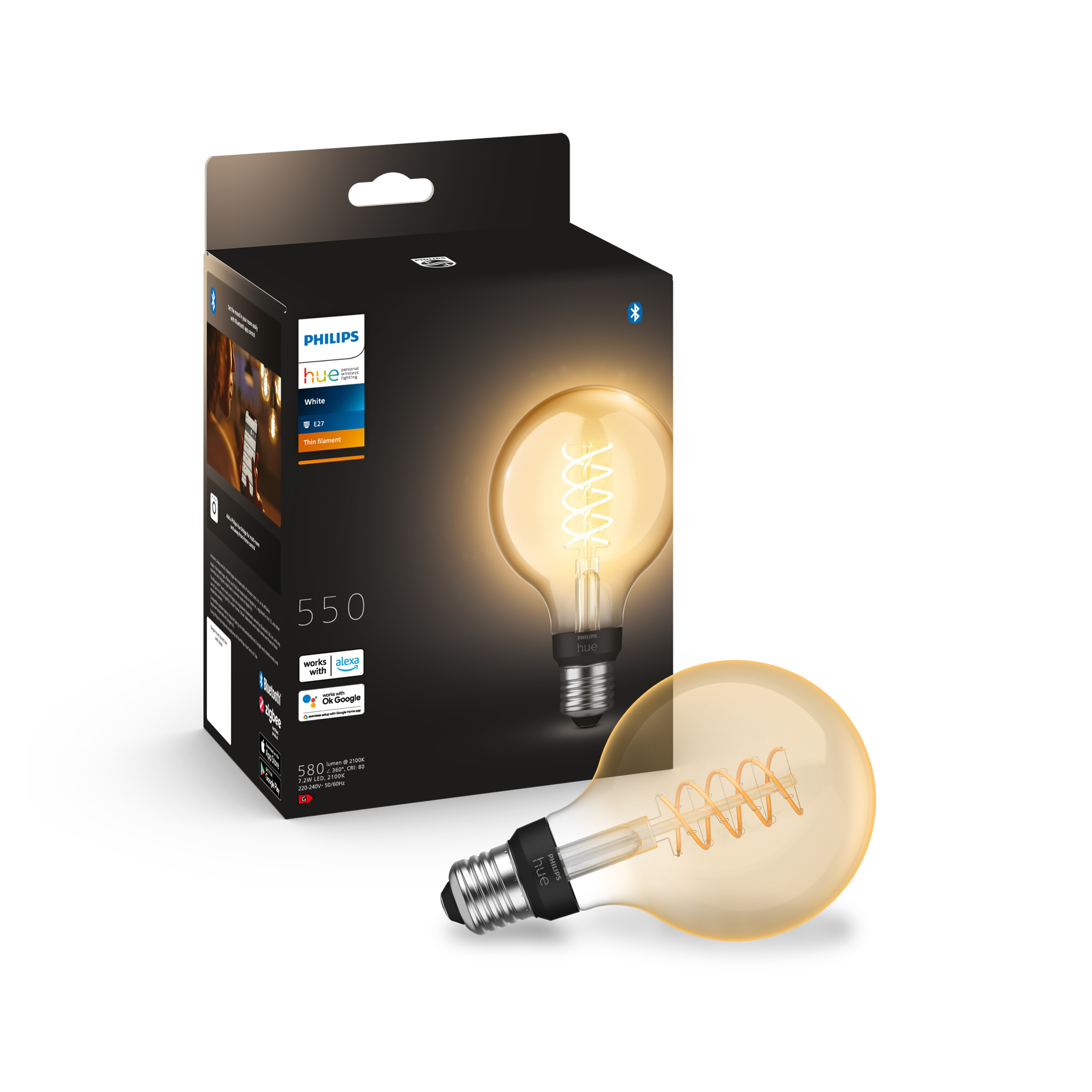 Philips Hue LED Bollamp G93 Filament E27 7.2W White 580lm 2100K Bluetooth