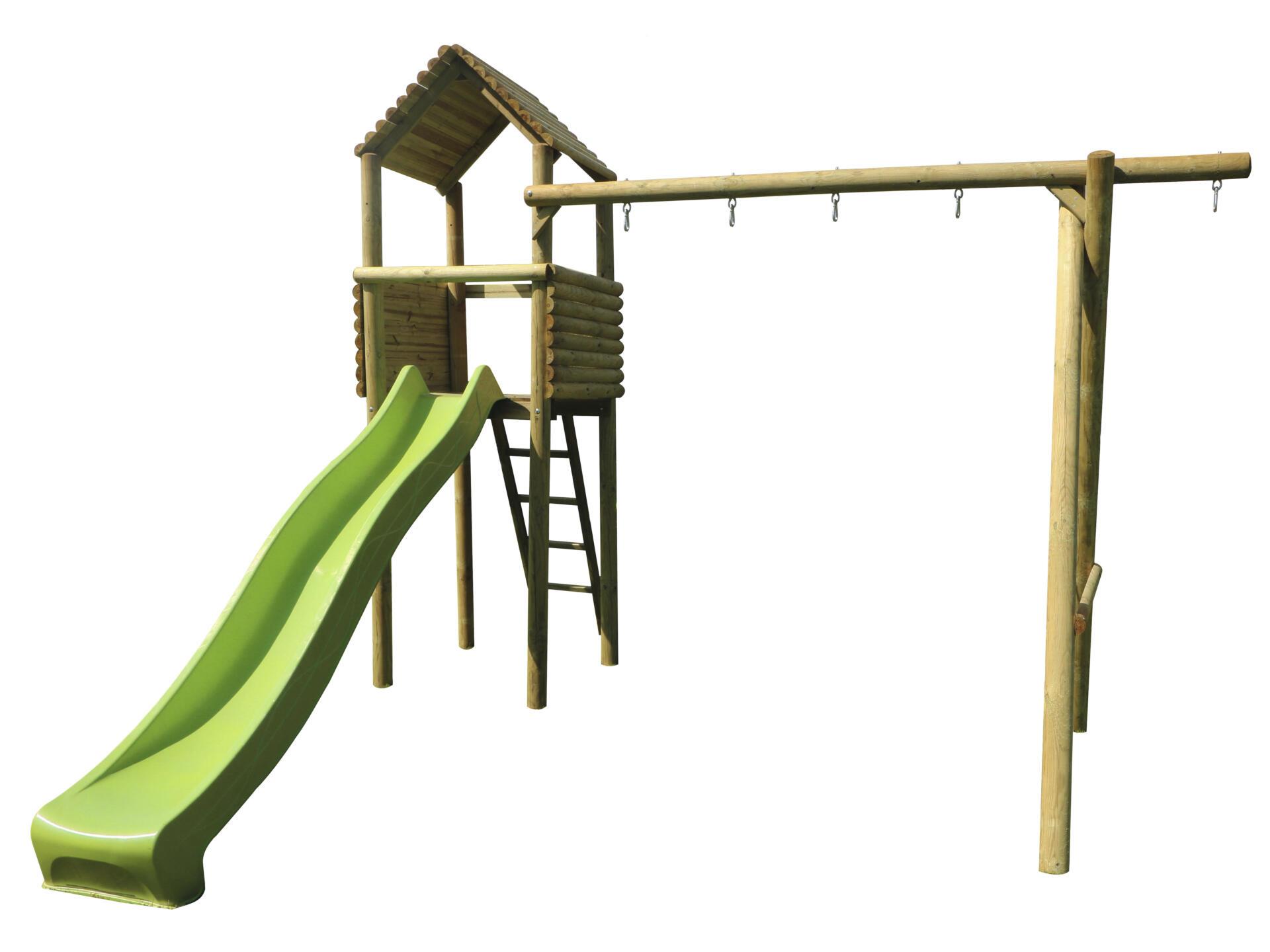 BnB Wood Maeva Speeltoren met groene Glijbaan