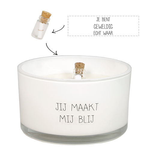 My Flame Geurkaars Jij Maakt me Blij 9x5 cm - Bio Sojawas met Flesje - Fresh Cotton - 35 Branduren - ism Amnesty International