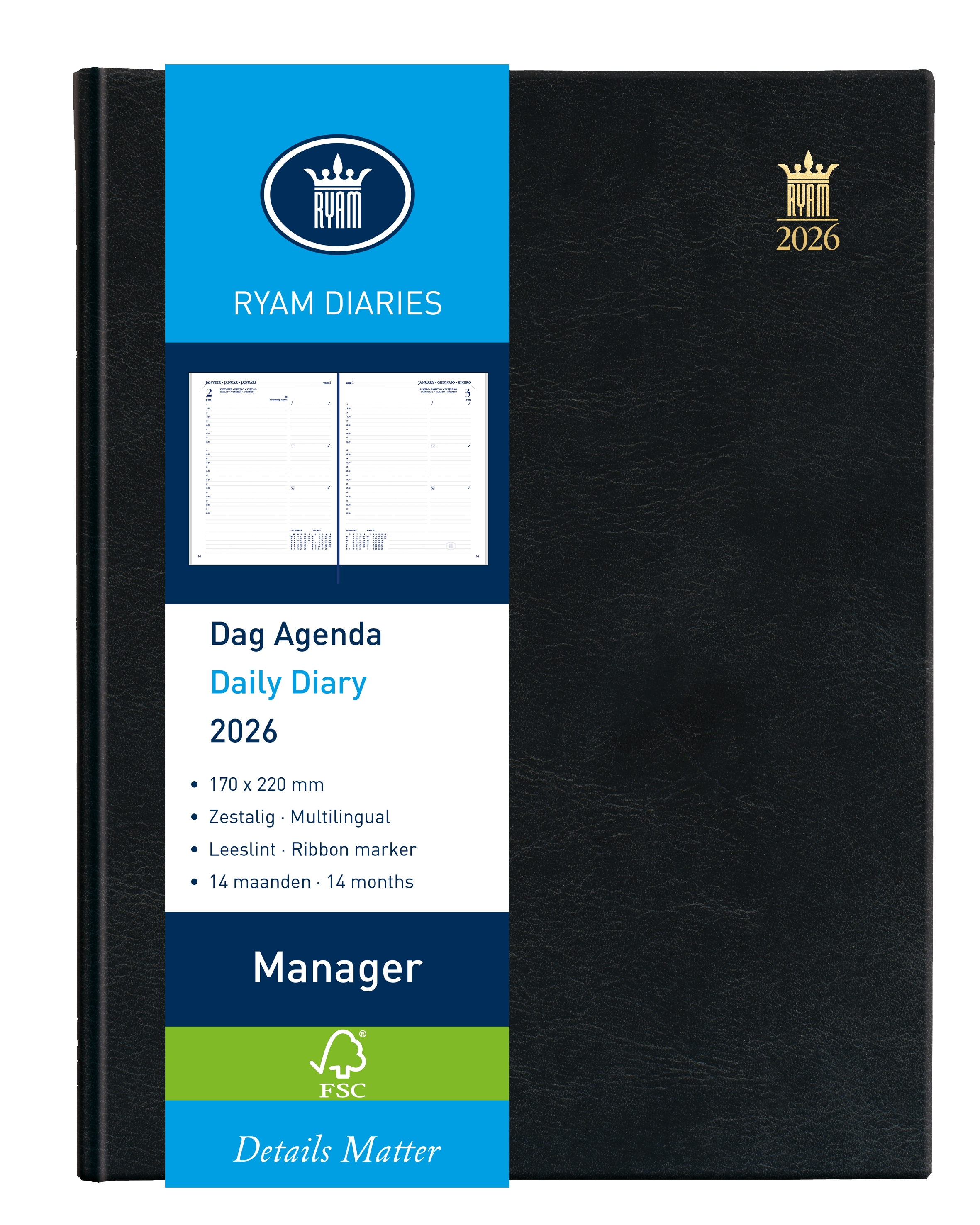 Ryam Agenda 2026 Manager Mundior Wit 1dag/pag Zwart 17x22 cm