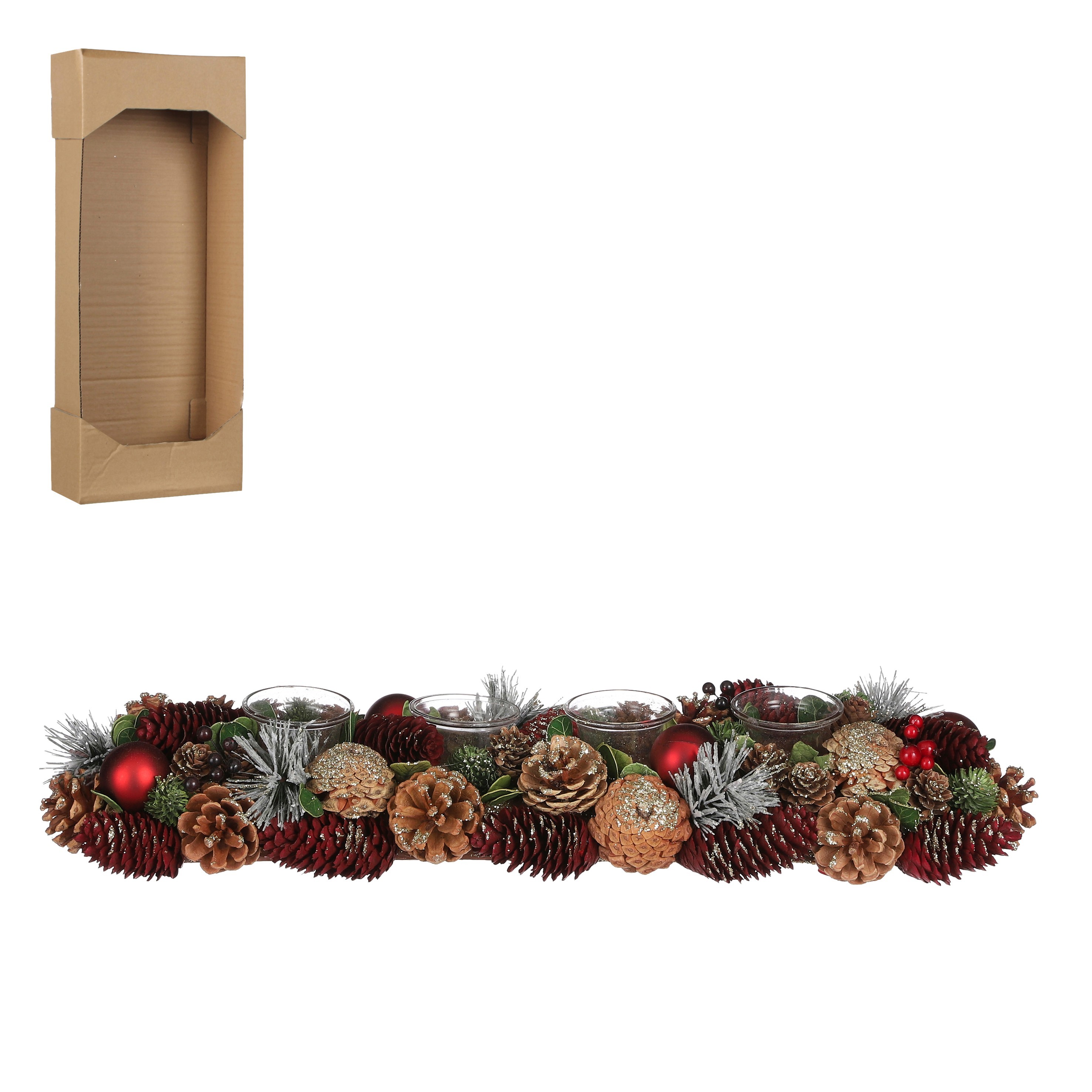 Mica Tafelstuk Eton Rood met 4 Theelichthouders - 54x16.5x10 cm