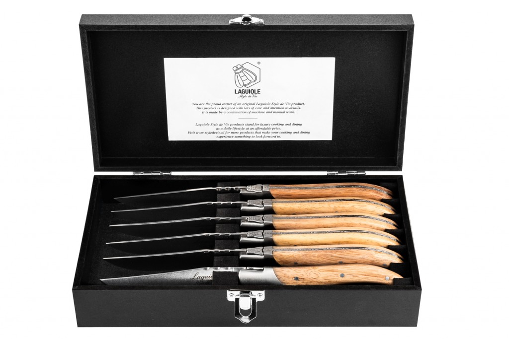 Laguiole Steakmes Luxury Line set 6 stuks - Eikenhout/Stonewash