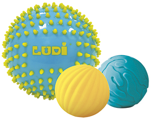 Ludi set met 3 zachte ballen, grootste bal met stekeltjes, Sensoriele ballen