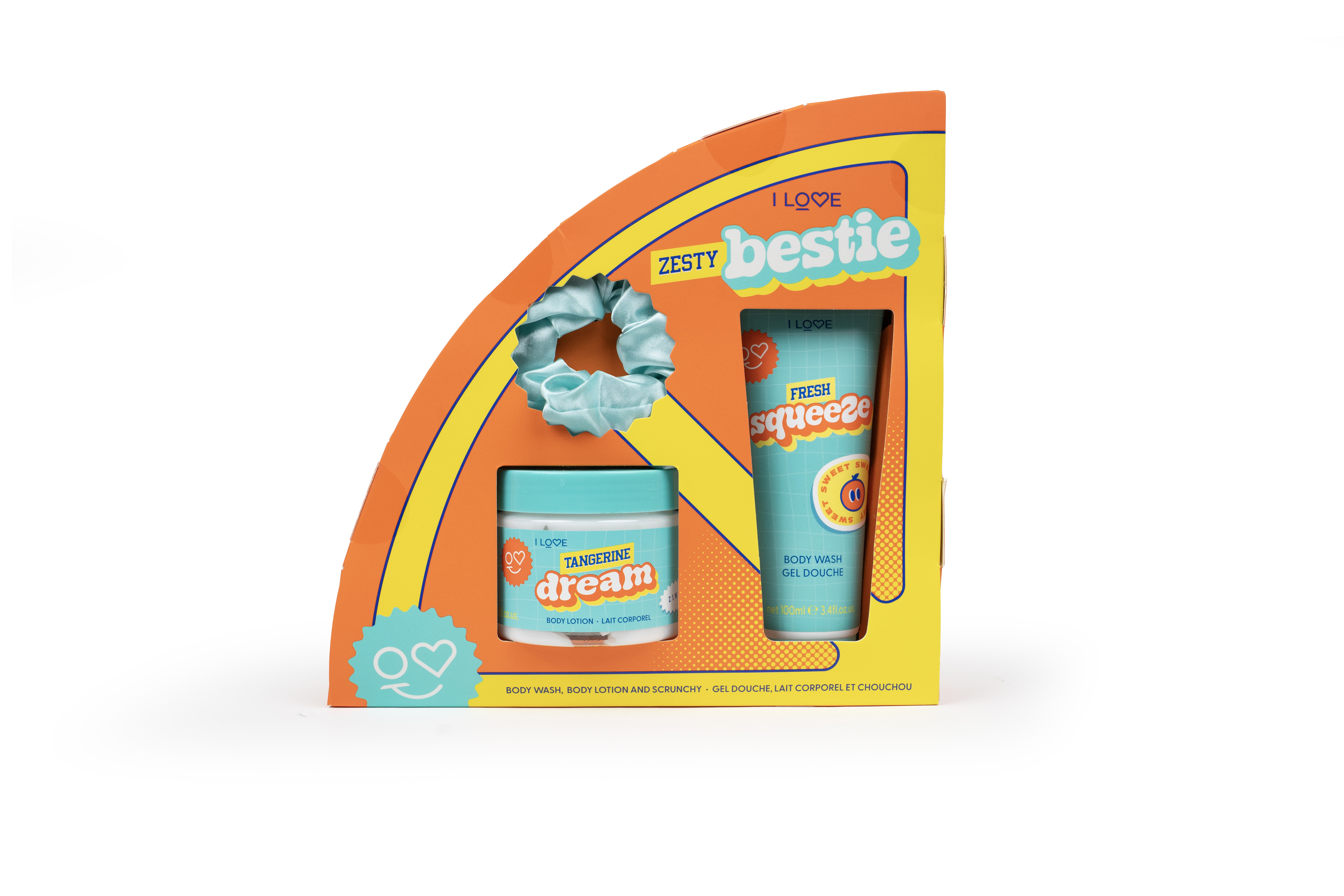 I Love Set Zesty Bestie 3-delig - Body Wash 100ml/Bodylotion 150ml/Scrunchie