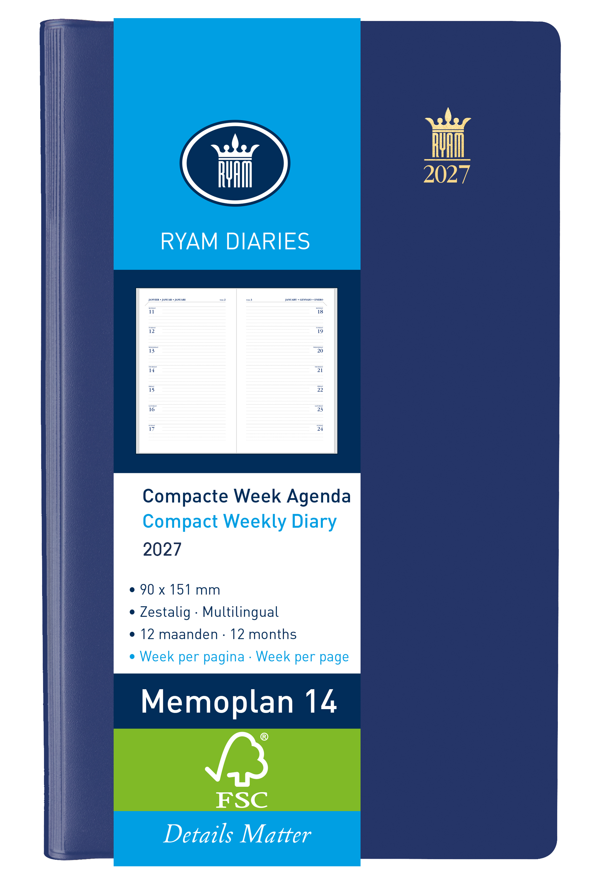 Ryam Agenda 2027 Memoplan 14 Suprema Wit 1week/pag Blauw 9x15 cm