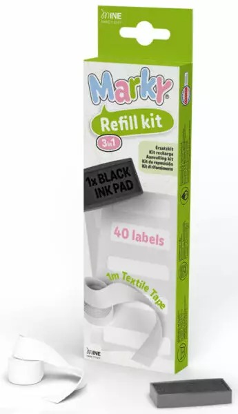 Marky Navulset voor Textielstempel 1 Zwart Inktkussen - 1m Strijkbare Tape - 40 Etiketten