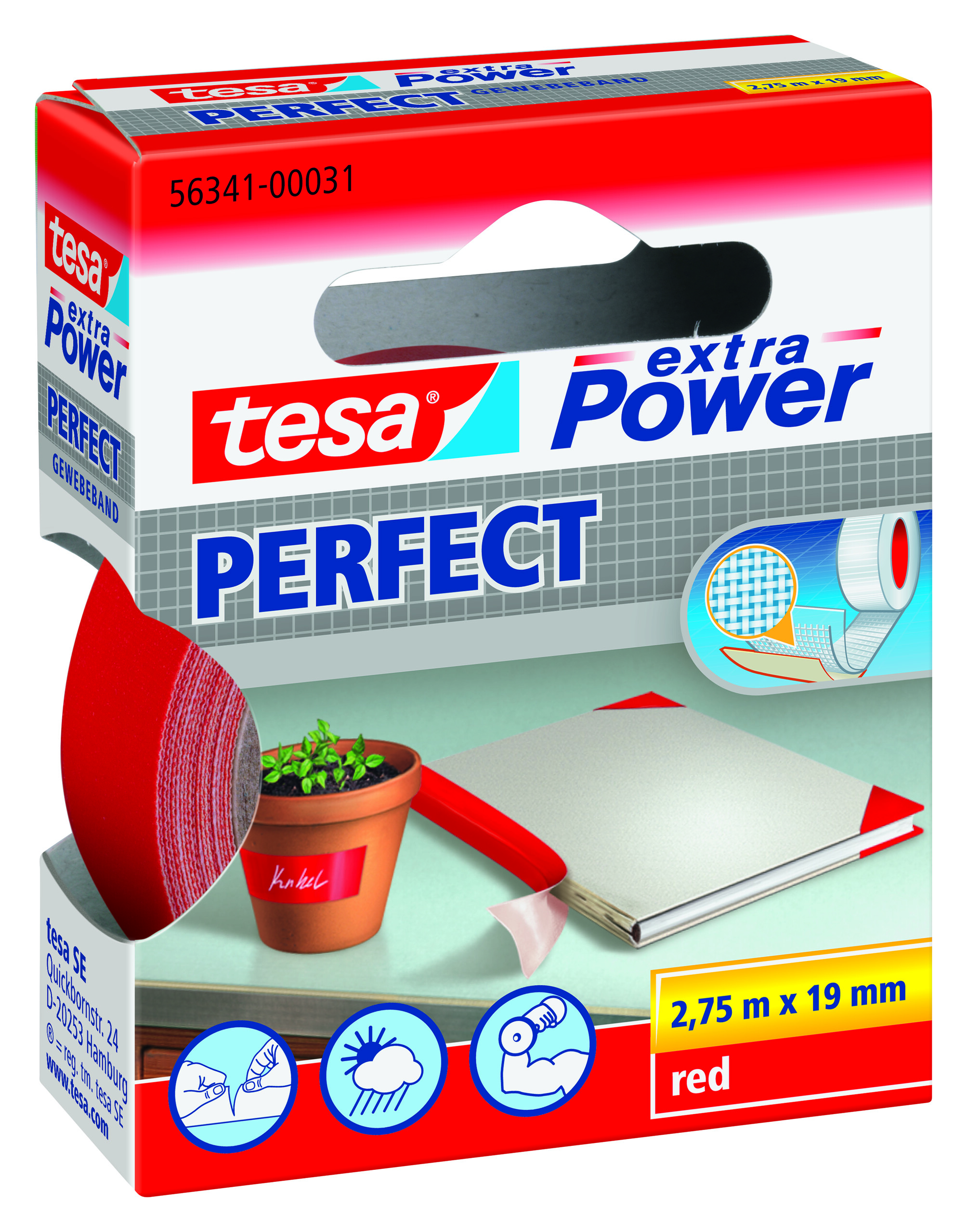 Tesa Extra Power Kleefband Perfect 2.75 m x 19 mm Rood