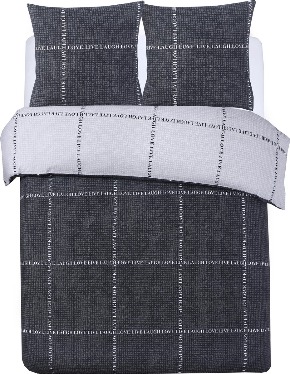 Vision Dekbedovertrek Live Love Laugh Antraciet-Wit 260x220 cm Flanel