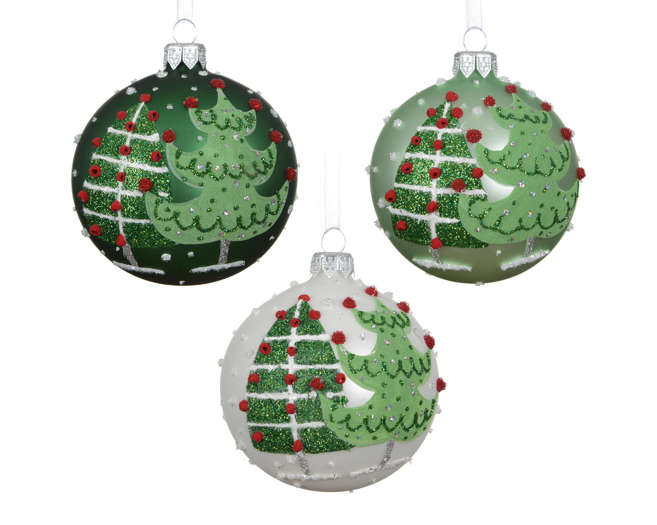 Kerstbal Glas 8cm met Kerstbomen - assorti - prijs per stuk