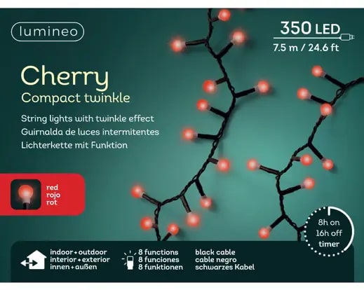 Kerstverlichting LED Cherry Twinkle 7.5m - 350 Lights - Black/Red - Outdoor