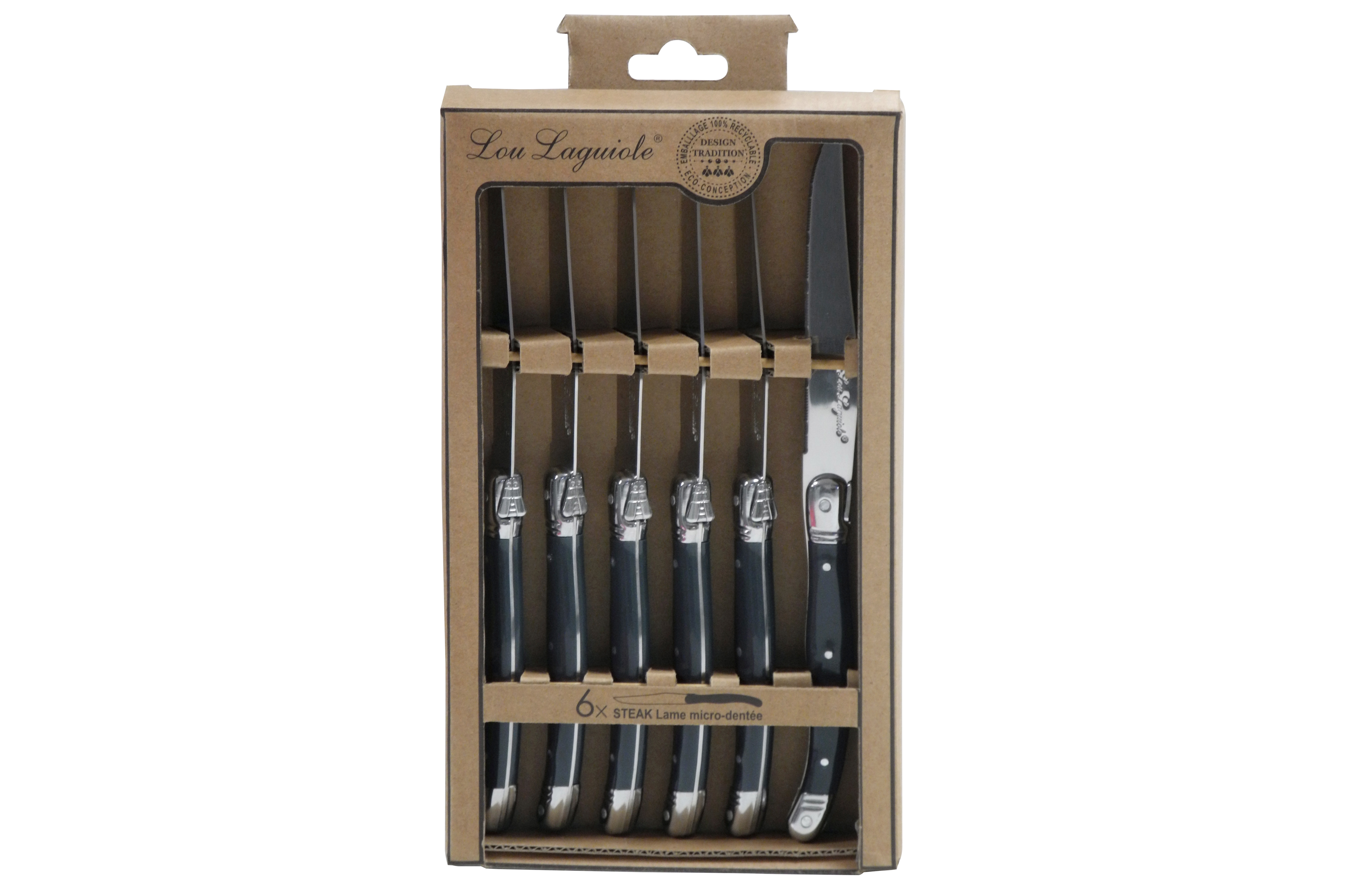Lou Laguiole Steakmes Rustic Grijs set 6 stuks - RVS