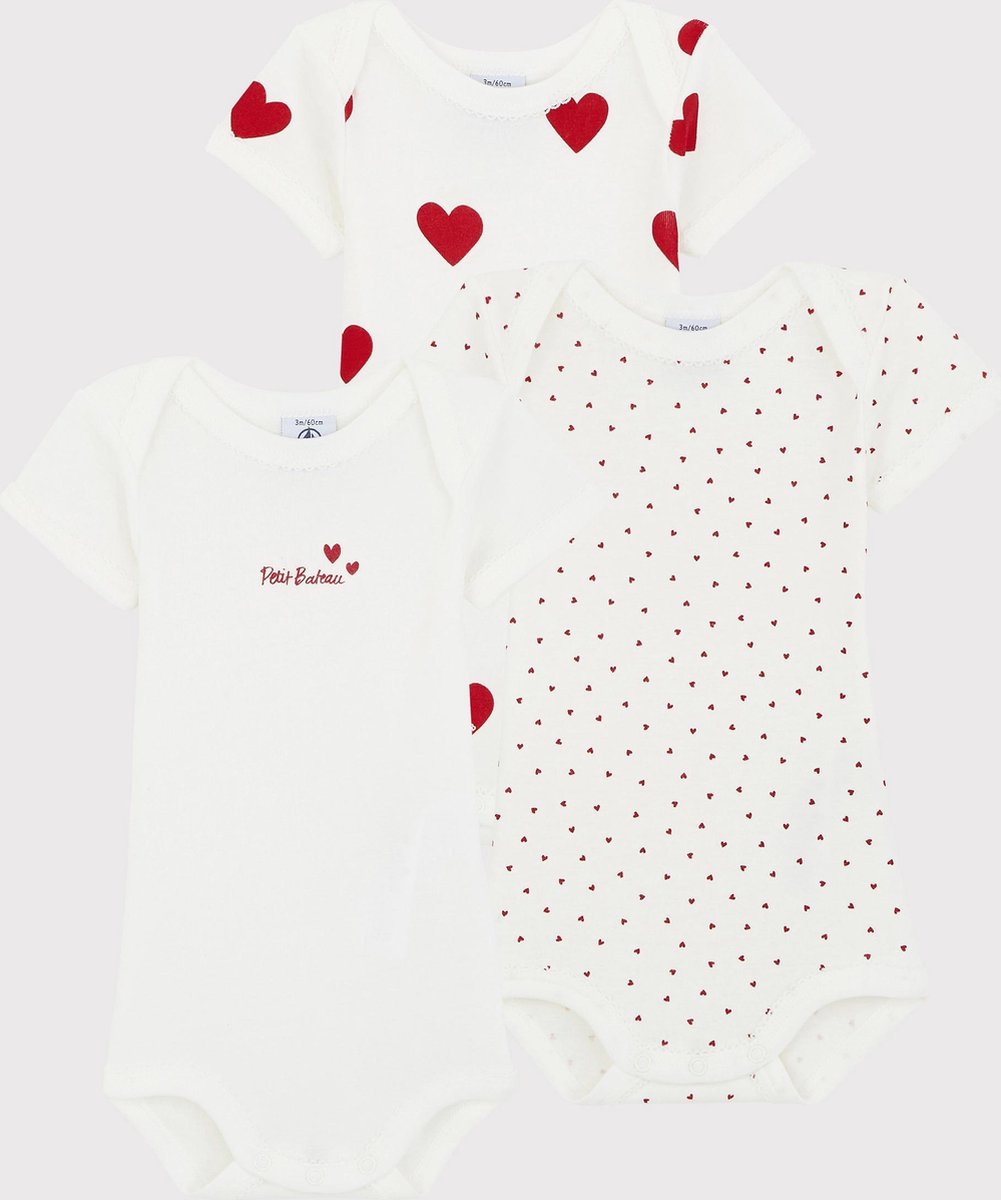 Petit Bateau Body Km Baby Meisje 3 stuks Hartjes Wit/Rood 6 maand