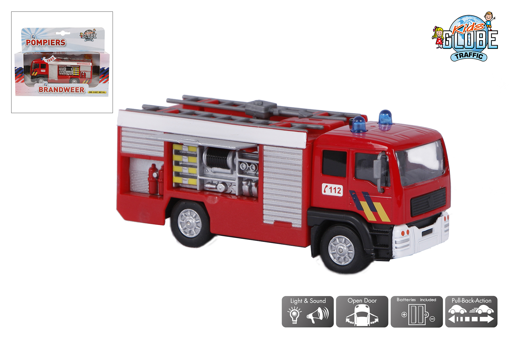 Brandweerwagen metaal met licht en geluid, 13 cm