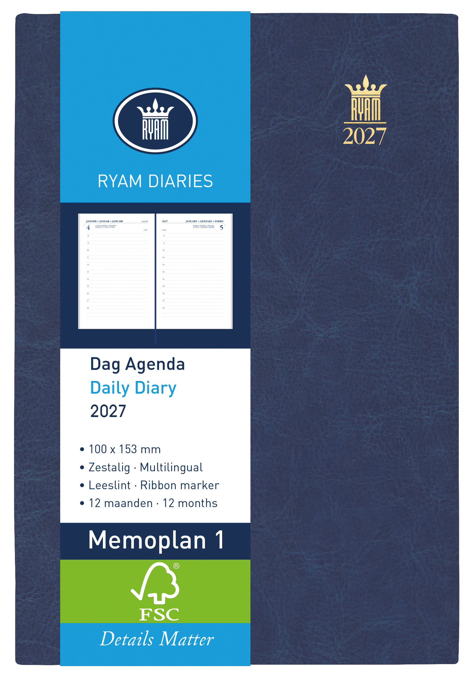 Ryam Agenda 2027 Memoplan 1 Mundior Wit 1dag/pag Blauw 10x15 cm