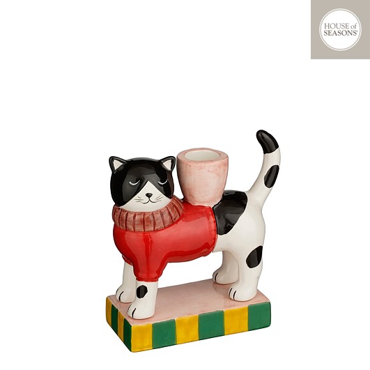 House of Seasons Kandelaar Kat met Trui - 13x5.5x13 cm