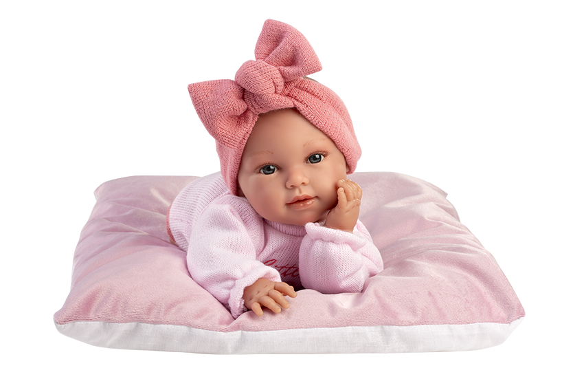 Llorens Llorona Pasgeboren 36 cm, zegt mama en papa, op kussen , roze