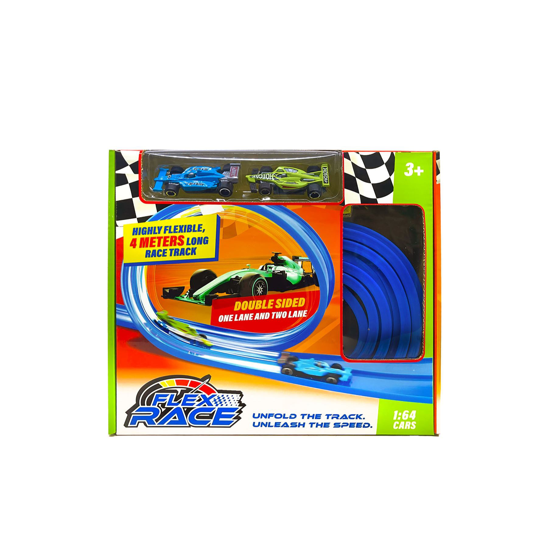 Flexibele Racebaan 4 meter, twee sporen met 2 auto's, blauw