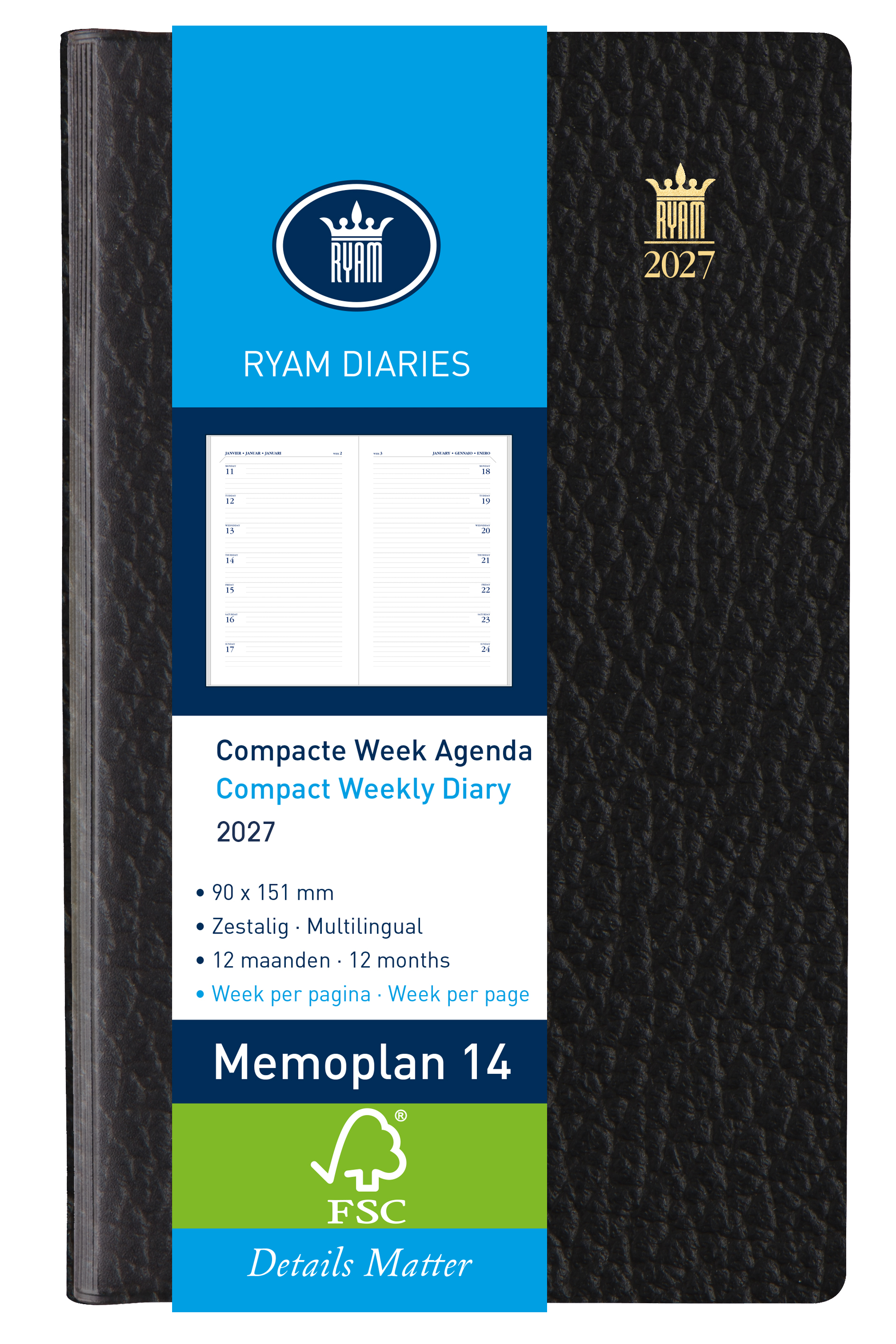 Ryam Agenda 2027 Memoplan 14 Suprema Wit 1week/pag Zwart 9x15 cm