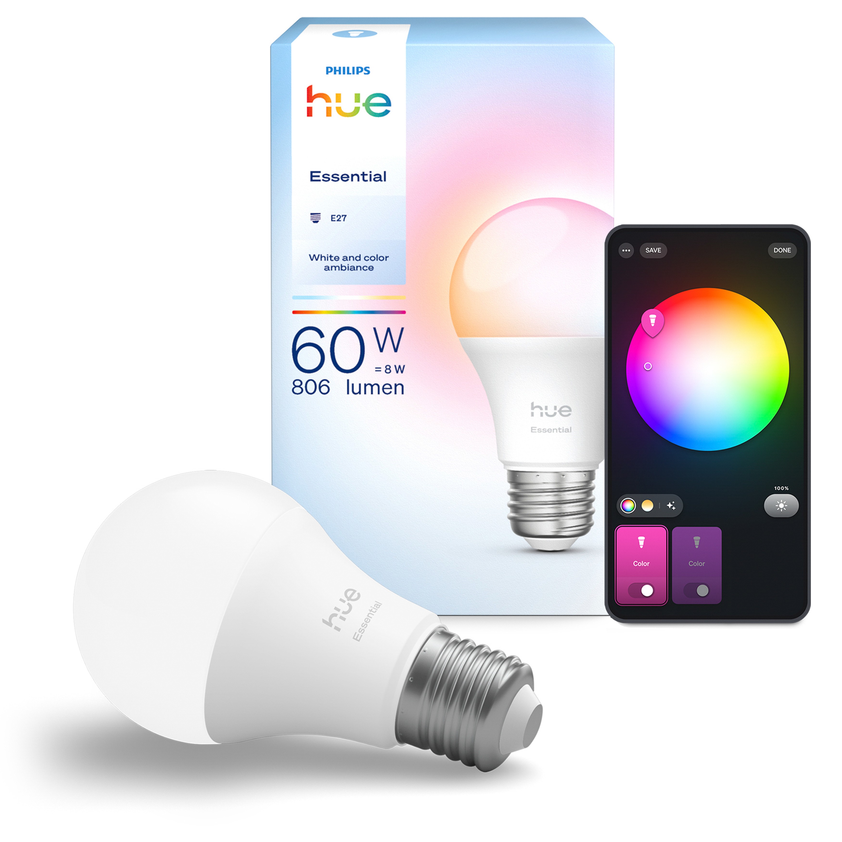 Philips Hue Essential LED Standaard Lamp A60 E27 8W 806lm 2200-6500K White & Colour Ambiance Philips Hue Essential LED Standaard Lamp A60 E27 8W 806lm 2200-6500K White & Colour Ambiance