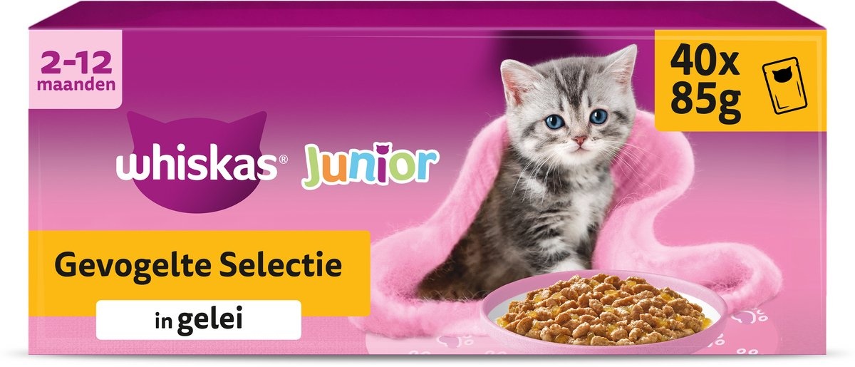 Whiskas Pouch Kattenvoeding Junior Gevogelte 40 x 85 g - Brokken in Jelly