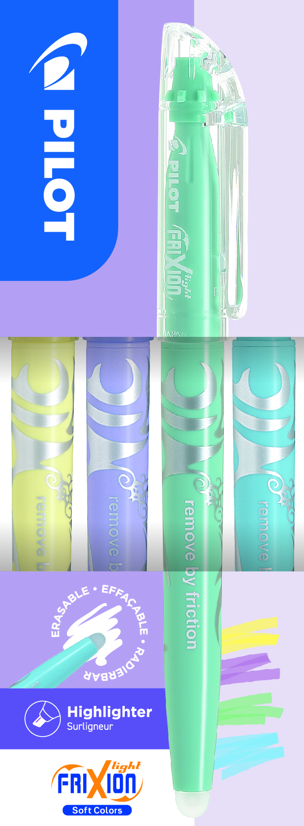 Pilot Frixion Light Soft Set 4 Kleuren Soft Geel-Soft Violet-Soft Groen-Soft Blauw Uitwisbaar