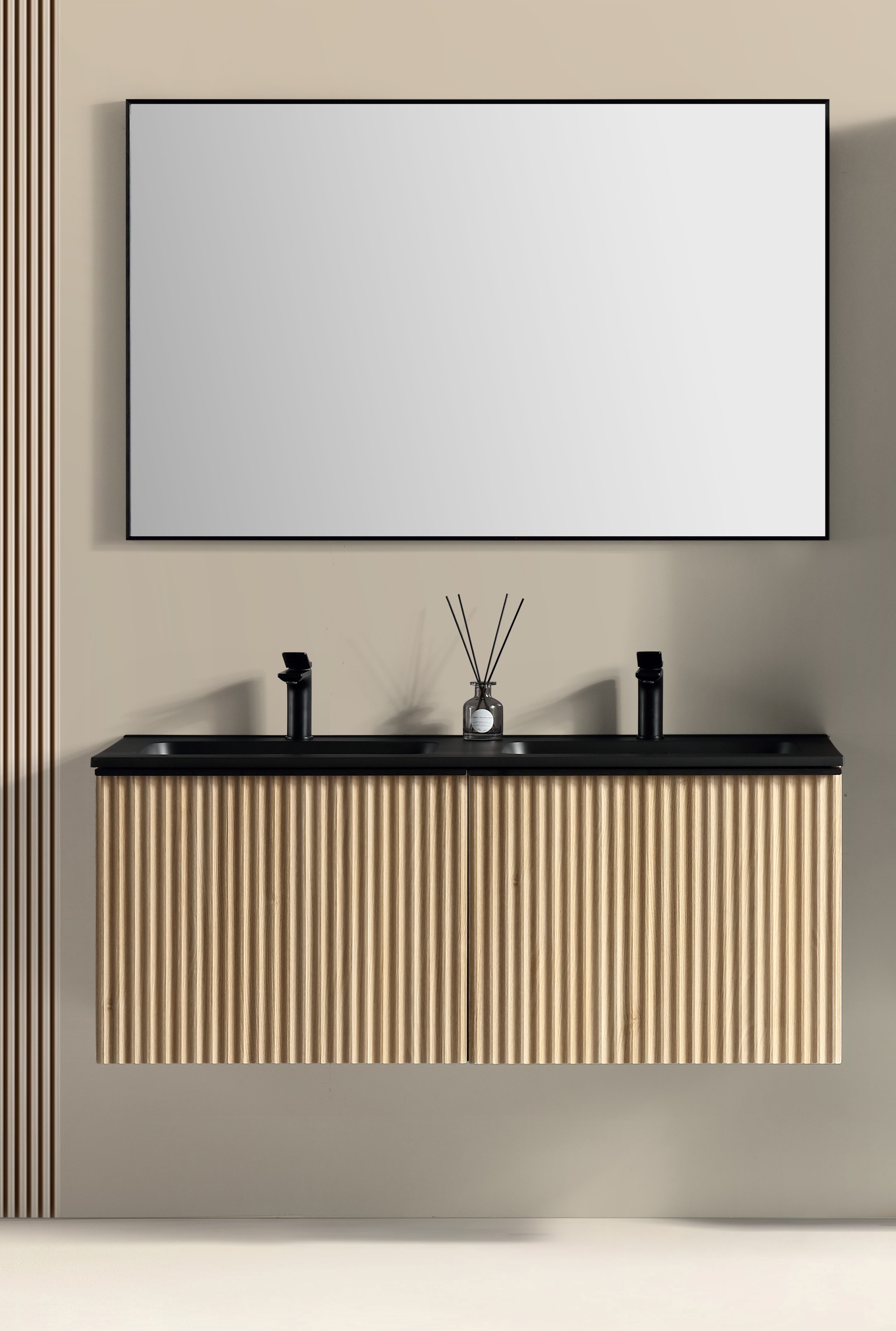 Brunella Onderkast + Wastafel Zwart + Spiegel 120 cm Eiken