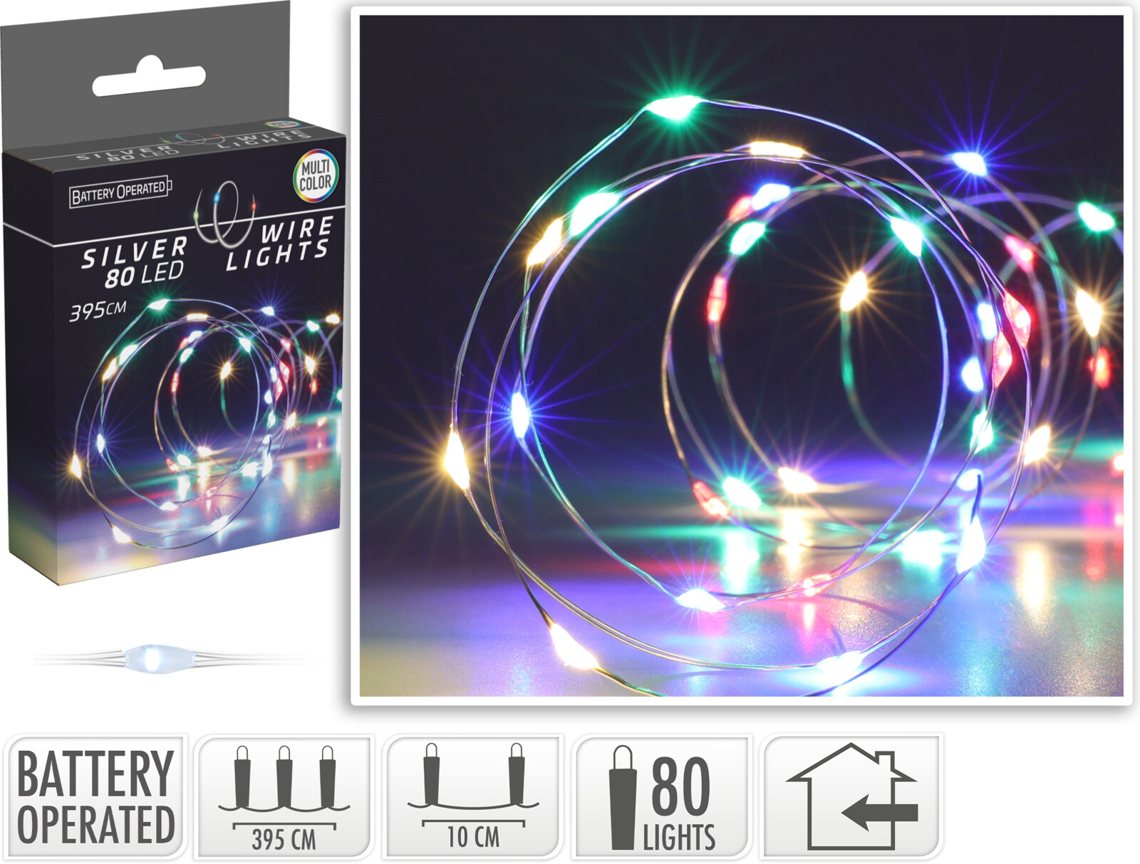 Lichtsnoer Micro LED 80 leds Multicolour - Zilverdraad - Indoor - op Batterijen (excl.) - Kerstverlichting