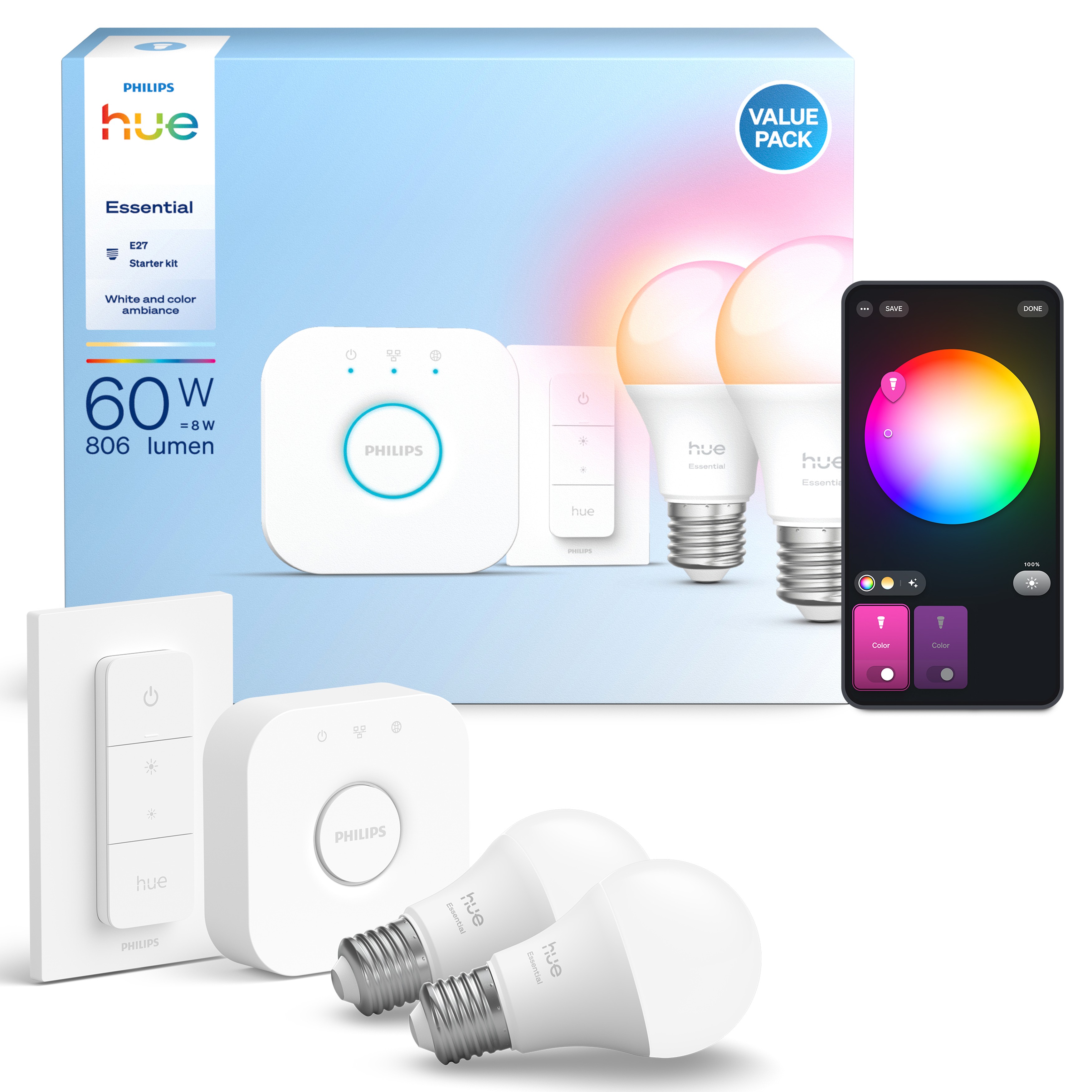 Philips Hue Essential Starterkit  Bridge V2 + Switch + 2x A60 8W 806lm 2200-6500K White & Colour Ambiance