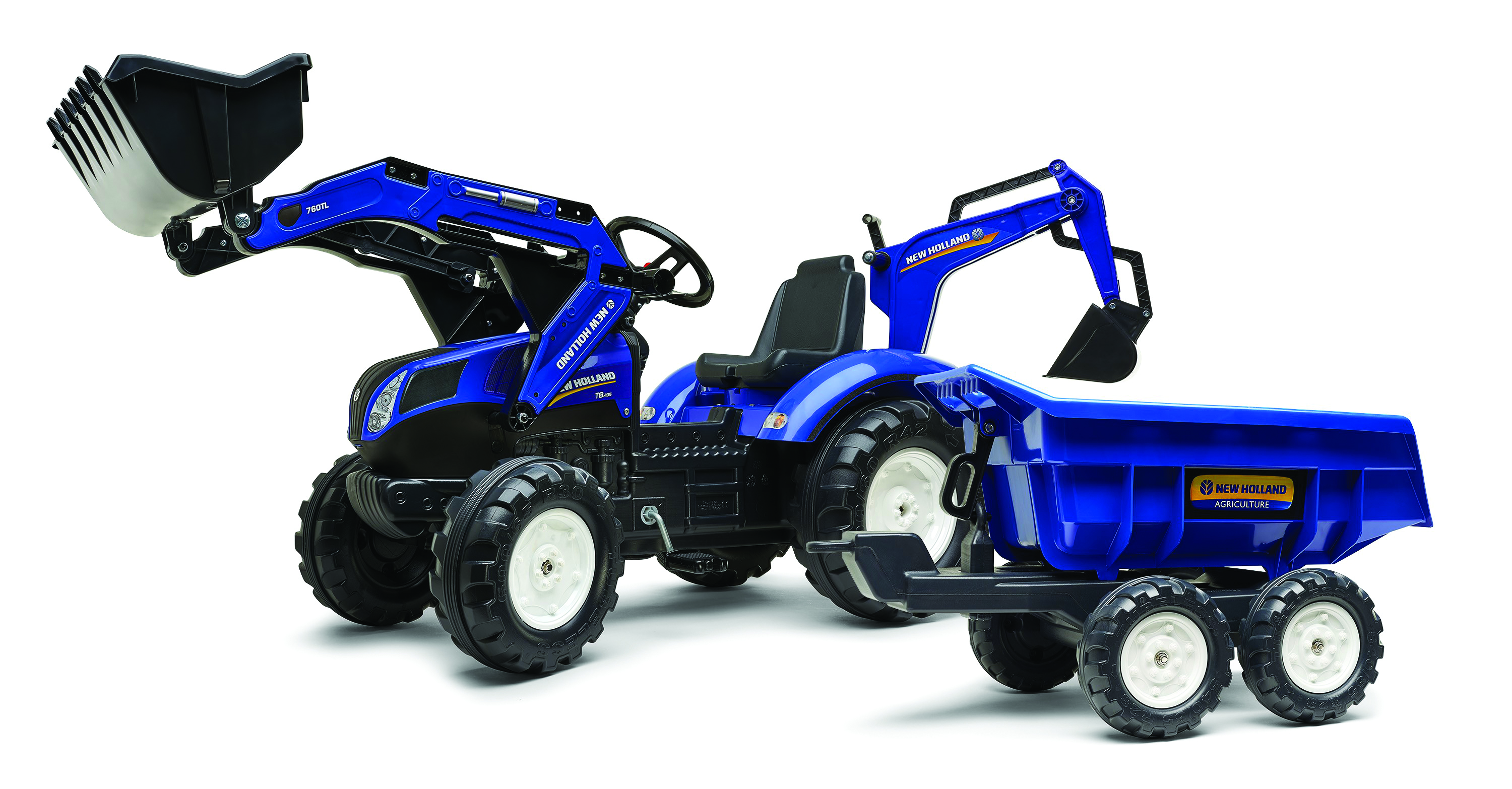 Falk New Holland T8 Pedaaltractor Blauw met Voorlader, Graafarm en Aanhangwagen