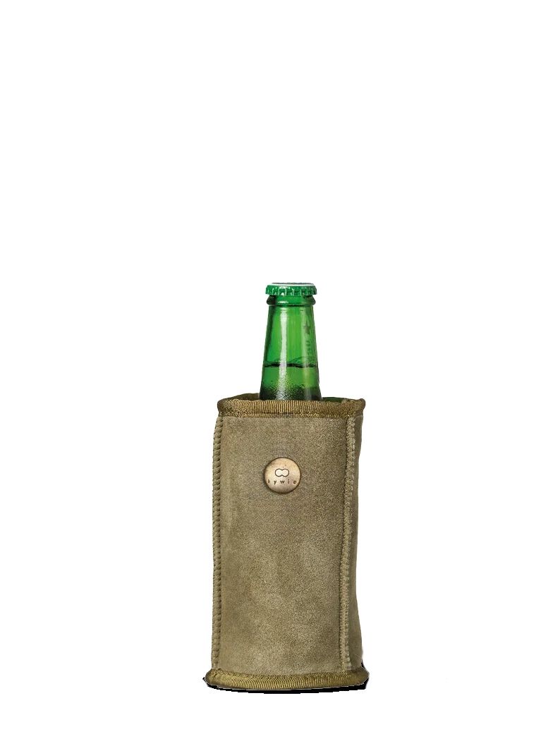 Kywie Fleskoeler Demi Khaki Suede 8.6x16 cm - 100% Schapenvacht - Wol Khaki - 330ml/500ml