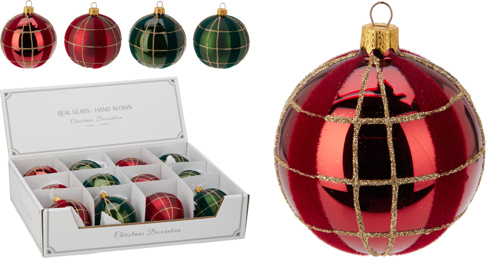 Kerstbal Glas 8cm met Glitterlijnen - Mat/Glanzend - assorti - prijs per stuk