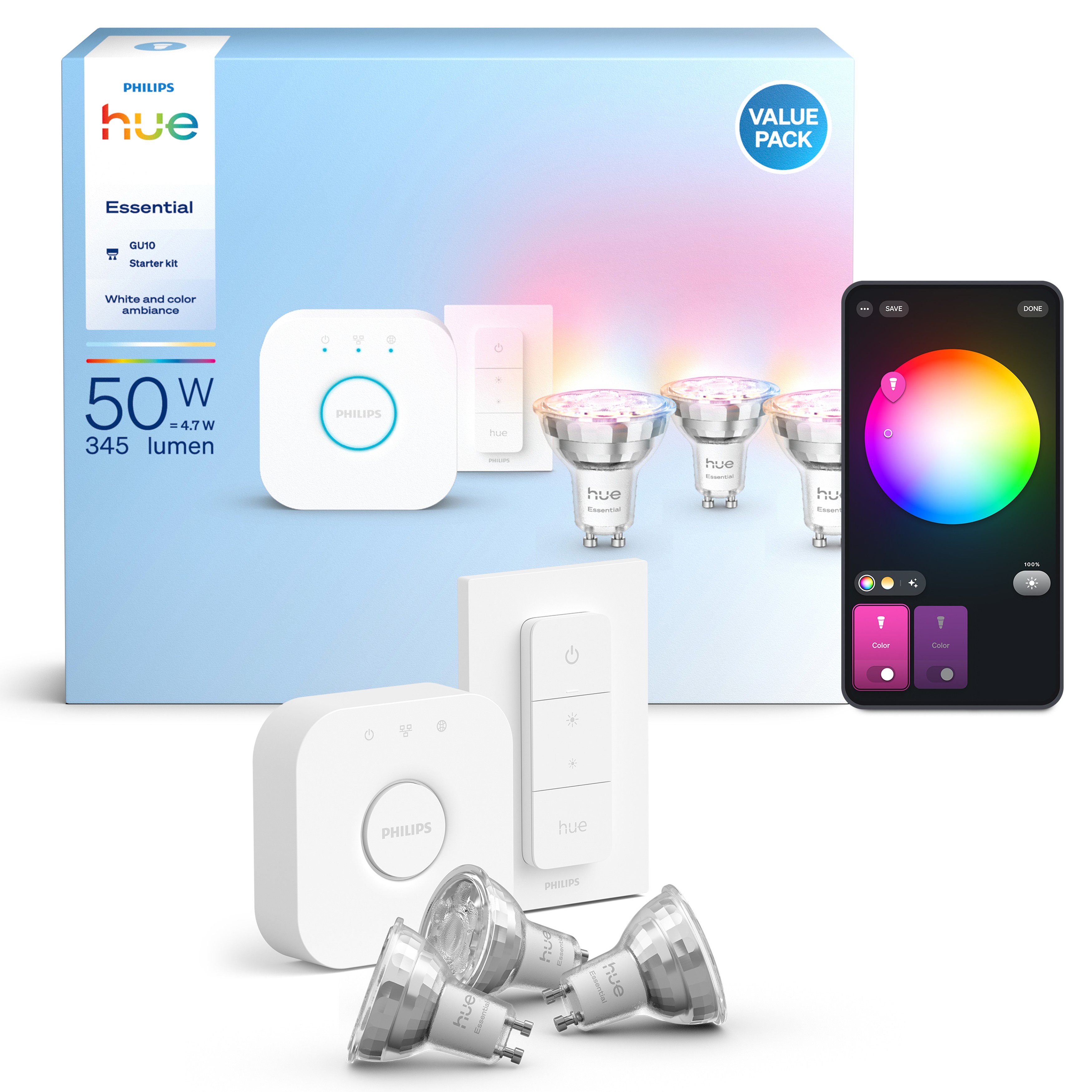 Philips Hue Essential Starterkit  Bridge V2 + Switch + 3x GU10 4.7W 345lm 2200-6500K White & Colour Ambiance